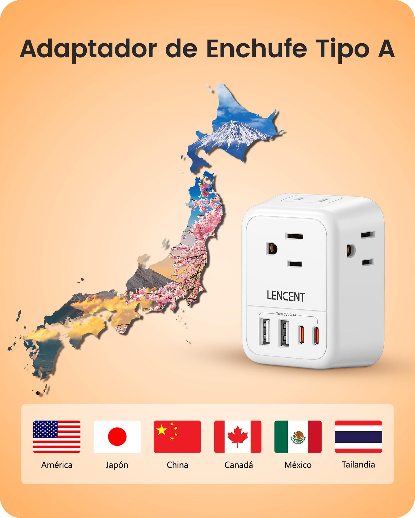 LENCENT Adaptador de Enchufe Plegable, Adaptador de Viaje con 4 Salidas y 4 Puertos USB (2USB C), Cargador Japón Tipo A de 2 a 3 Clavijas, Multicontacto de EE.UU. a Japón Canadá México Filipinas Perú