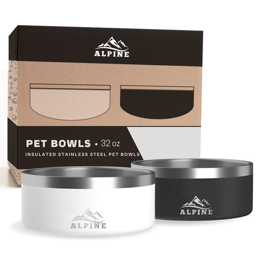 ALPINE - tazón de acero inoxidable para perros, antideslizante, tazón de metal para mascotas para alimentos y agua, aislamiento de doble pared, resistente al óxido, apto para lavaplatos, 32 onzas, paquete de 2 (negro/blanco)