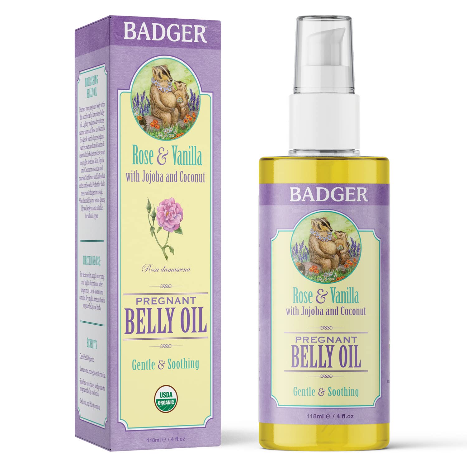 Badger - Aceite embarazado Rose del vientre y vainilla - 4 oz.