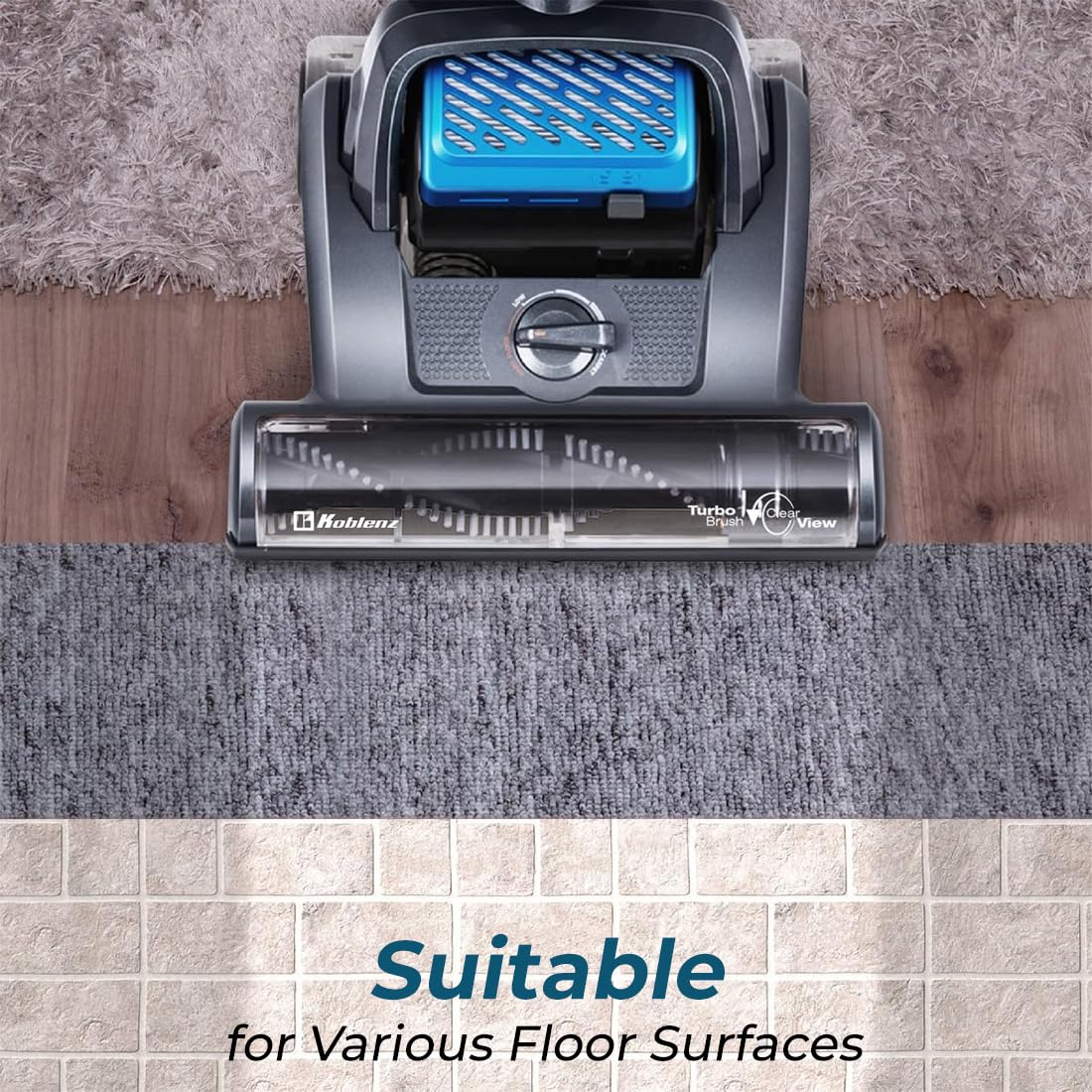Koblenz Barredora de Pisos Titán | Aspiradora Vertical de 1200 W | Ligera, Potente y Silenciosa | Alfombra y Suelo Duro | Filtro HEPA Sin Bolsas | 170° de Movimiento | Color Acero con Azul UMA-1400