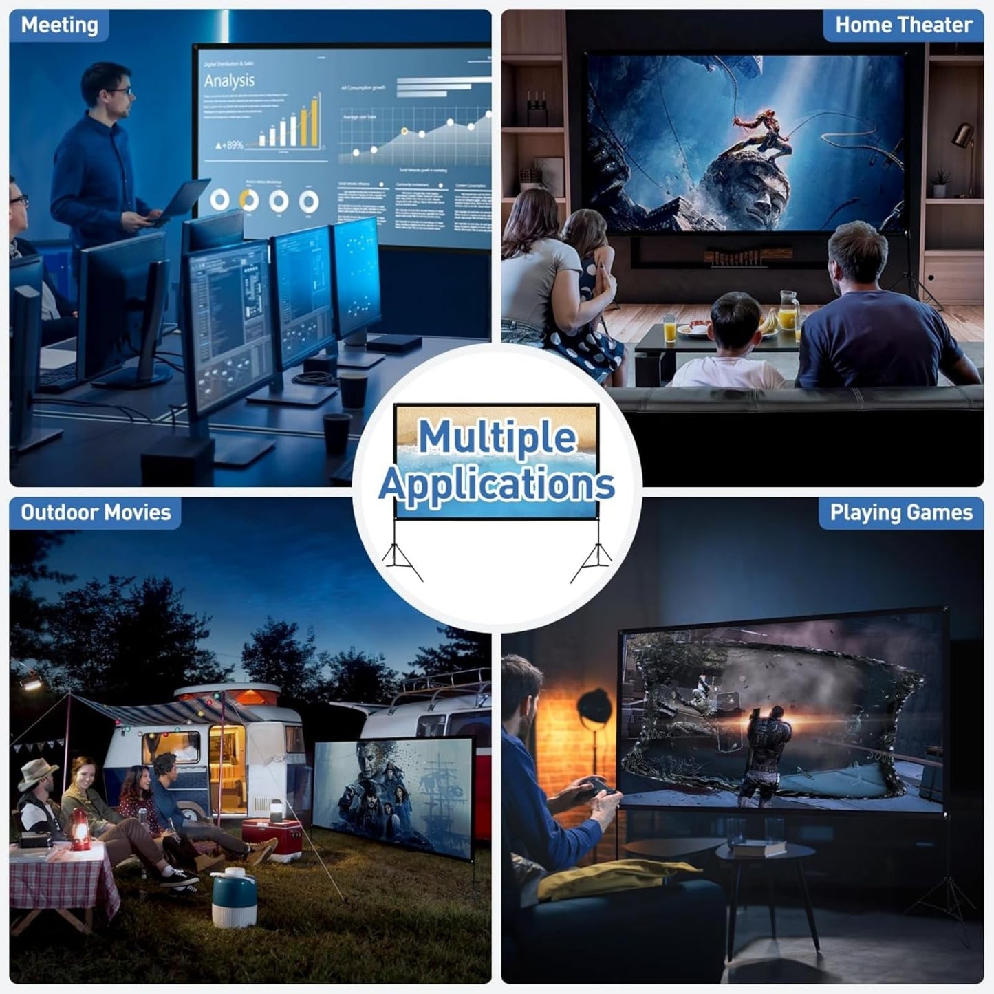 VISULAPEX Pantalla de proyección portátil de 120 Pulgadas con Soporte, 16:9 4K HD, para Interiores y Exteriores, Plegable, Antiarrugas, con Funda de Transporte para Cine en casa