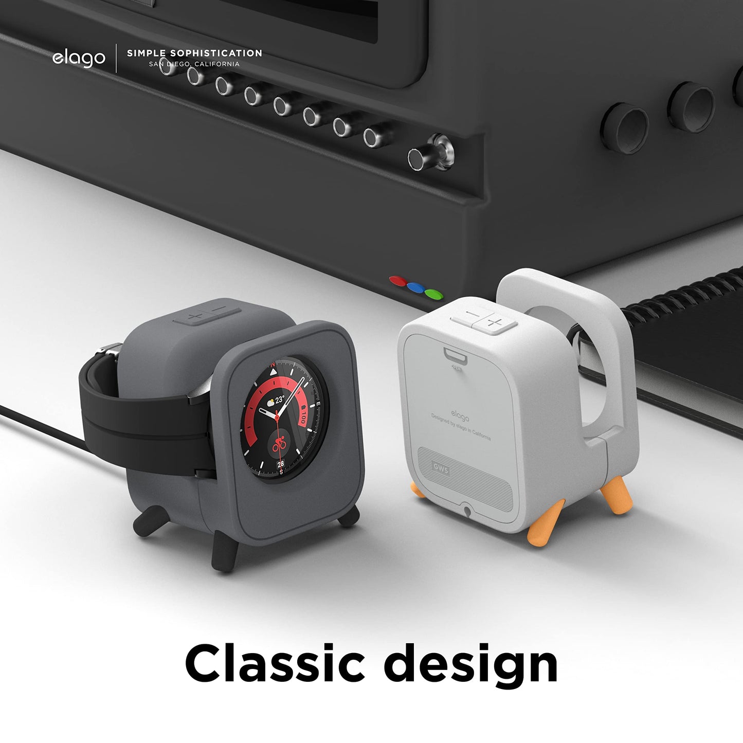 elago GWT5 Soporte de Carga Compatible con Samsung Galaxy Watch 8/8 Classic,7/Ultra,6/6 Classic,5/5 Pro [40/43/44/45/47mm], Diseño de Altavoz Clásico, Modo Nocturno [Cable No Incluido] (Gris Oscuro)