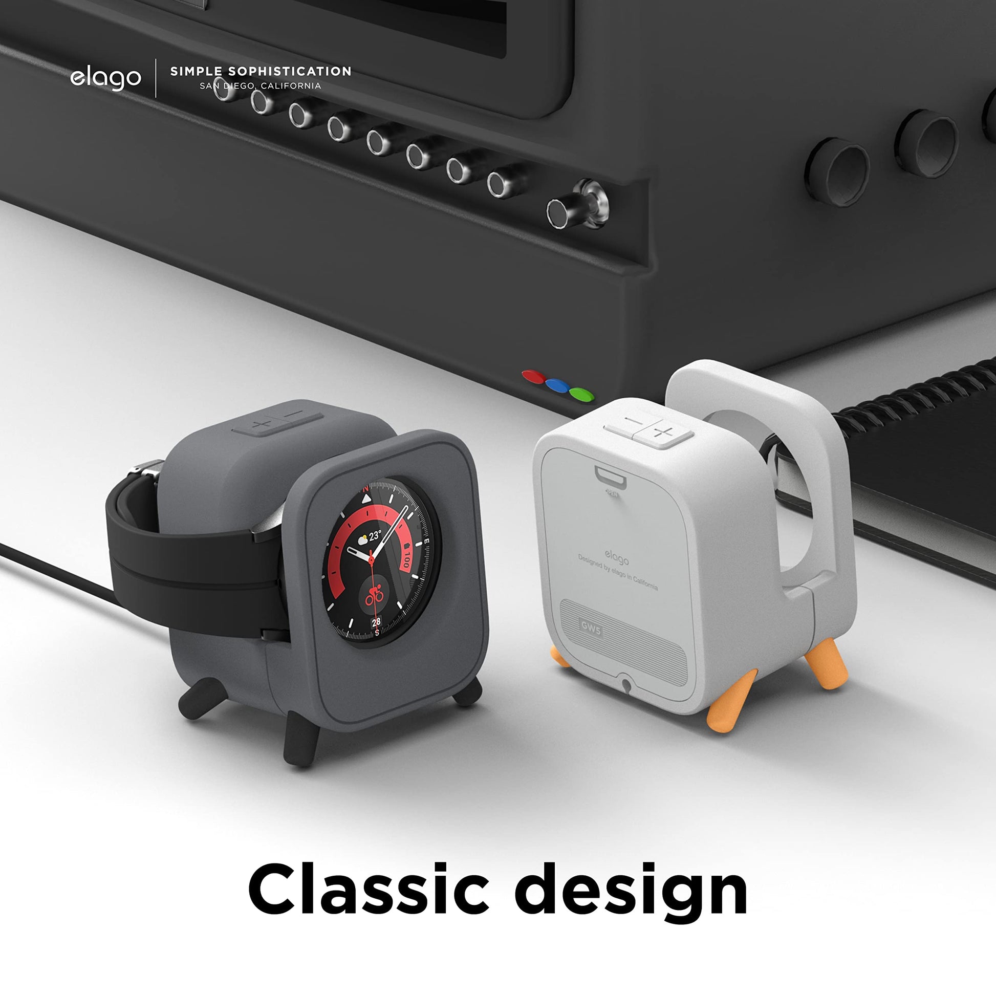 elago GWT5 Soporte de Carga Compatible con Samsung Galaxy Watch 8/8 Classic,7/Ultra,6/6 Classic,5/5 Pro [40/43/44/45/47mm], Diseño de Altavoz Clásico, Modo Nocturno [Cable No Incluido] (Gris Oscuro)