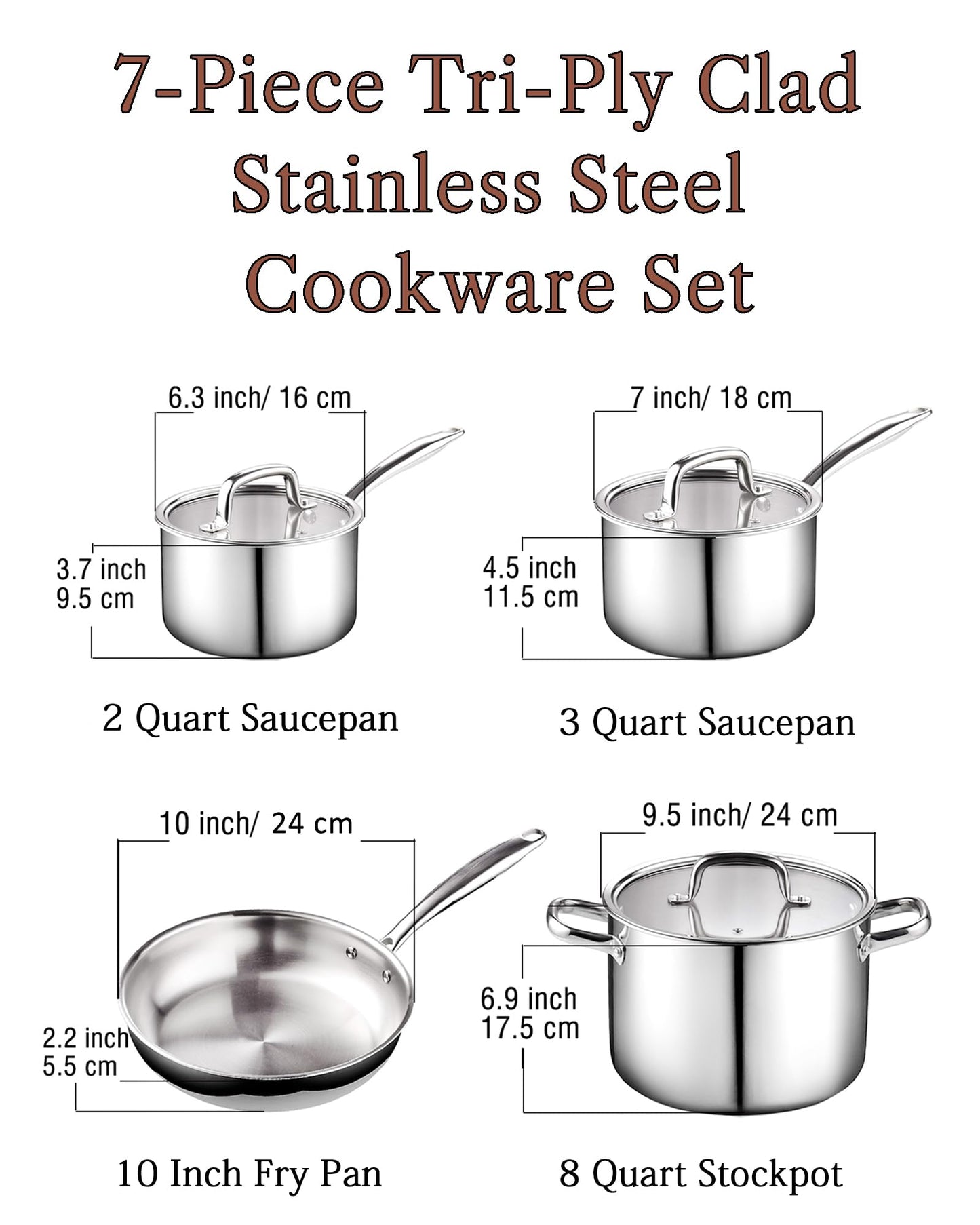 Cook N Home Juego de utensilios de cocina de acero inoxidable con revestimiento de tres capas, juego de cocina con tapas de vidrio templado, listo para inducción, apto para lavaplatos, plateado