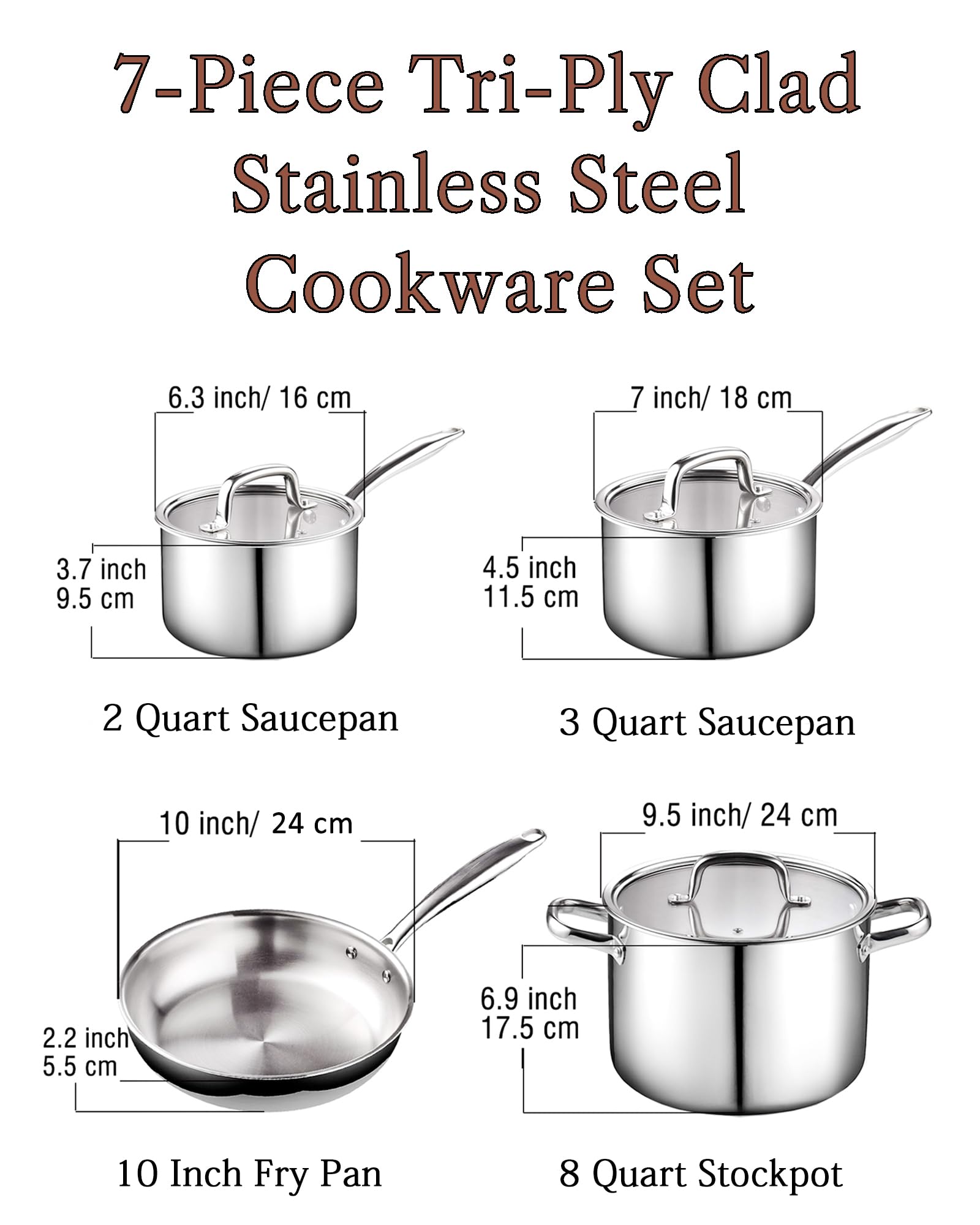 Cook N Home Juego de utensilios de cocina de acero inoxidable con revestimiento de tres capas, juego de cocina con tapas de vidrio templado, listo para inducción, apto para lavaplatos, plateado