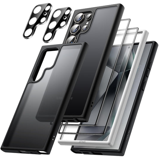 JETech 5 en 1 Funda Mate para Samsung Galaxy S24 Ultra 5G con 2 Protector Pantalla y 2 Protector Lente Cámara, Carcasa Trasera Protectora Translúcida, Cristal Vidrio Templado (Negro)