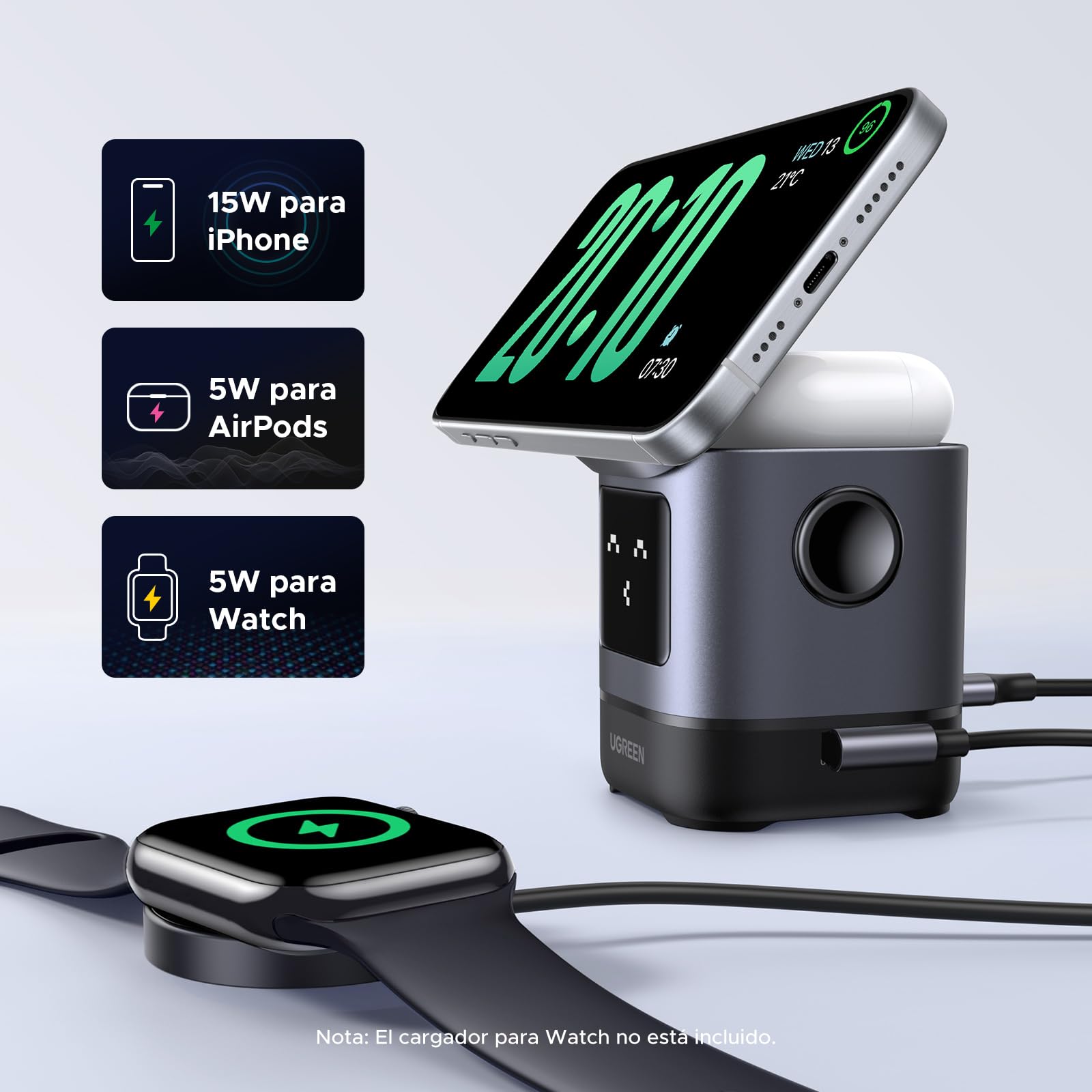 Cargador Inalámbrico UGREEN UNO 15W Qi2 Ajustable Magnético para iPhone y AirPods