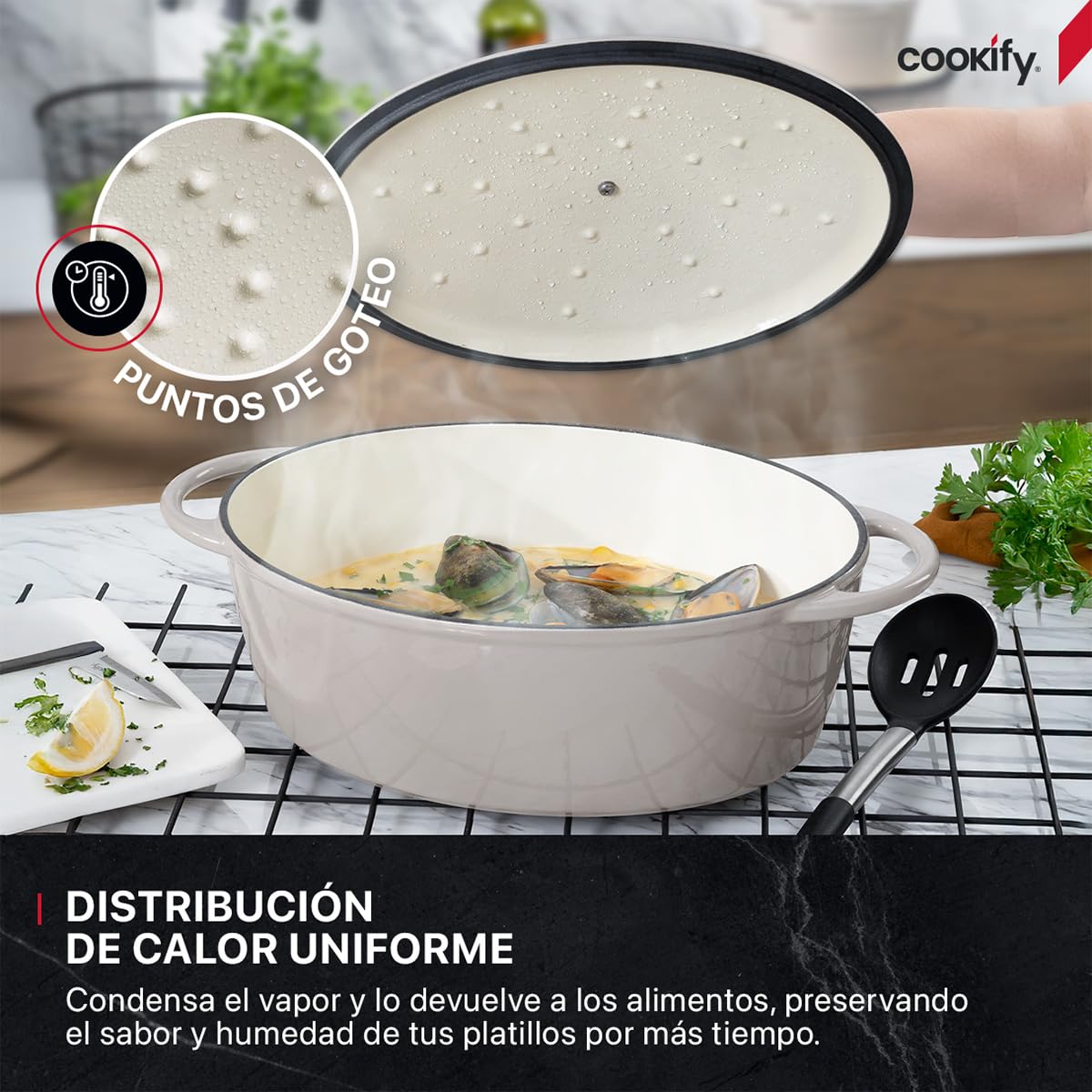 Cookify Olla de Hierro Fundido Esmaltado para Horno y Estufa, Horno Holandés Capacidad 7 Litros Dutch Oven (Taupe, 35 cm)