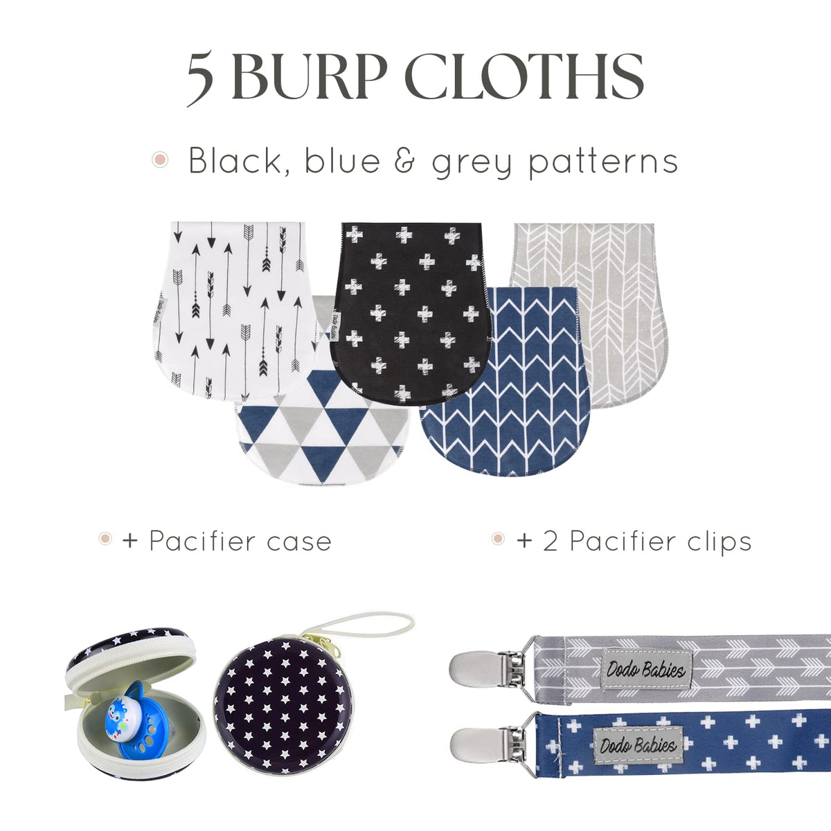Dodo Babies - Paquete de 5 paños para eructos para bebé, Suaves y absorbentes, Incluye Estuche para Chupete y 2 Clips para Chupete, Colores: Negro, Azul y Gris, Esencial para bebés