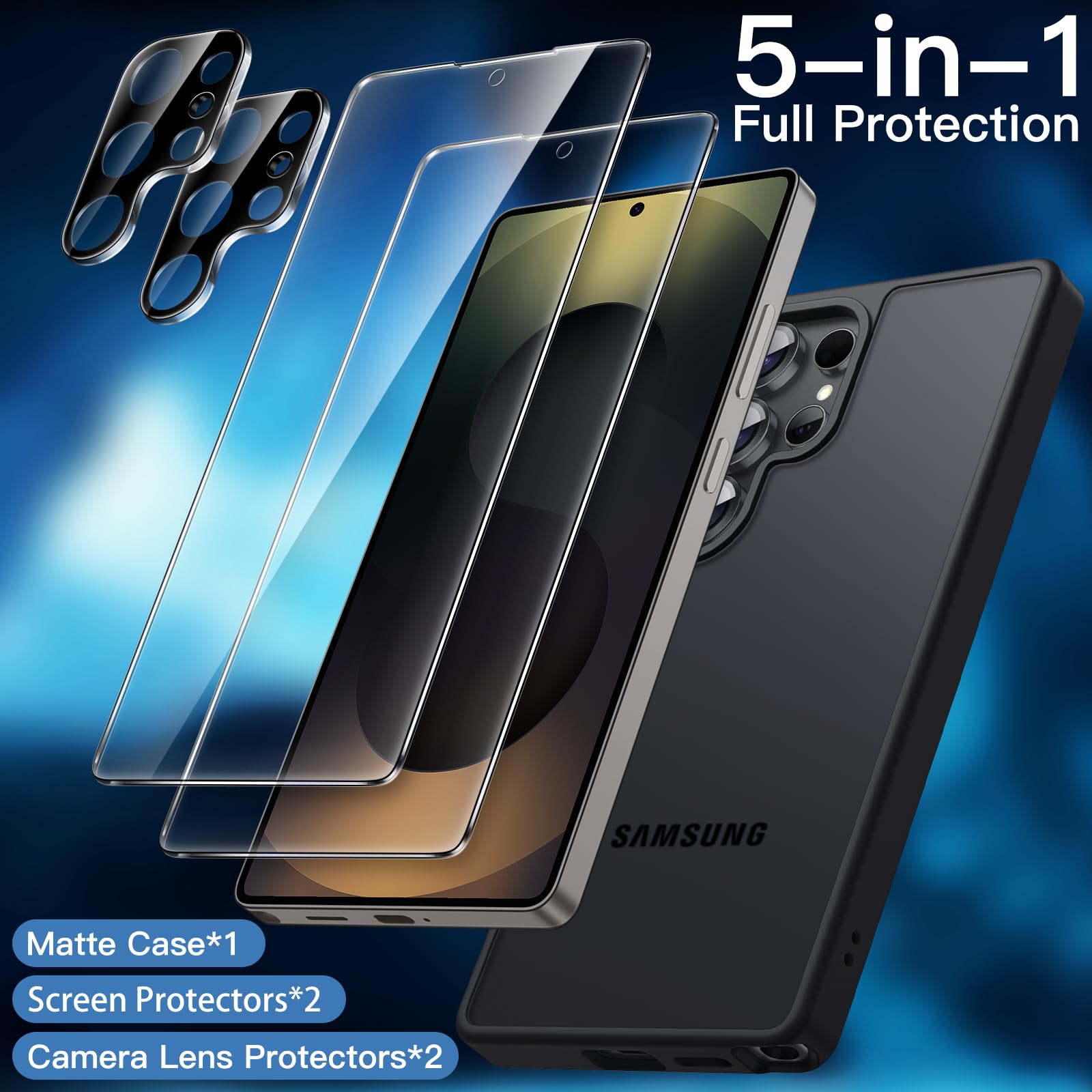 JETech 5 en 1 Funda Mate para Samsung Galaxy S25 Ultra 5G con 2 Protector Pantalla y 2 Protector Lente Cámara, Carcasa Respaldo Translúcida, Mica Cristal Vidrio Templado (Negro Titanio)