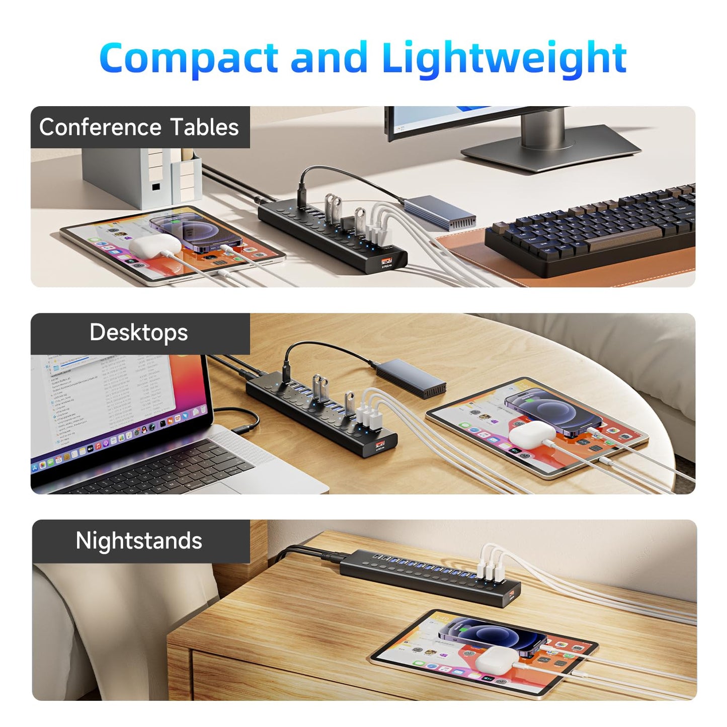 Hub USB 3.0 con alimentación, divisor de concentrador USB C de 16 puertos (10 USB 3.0+2 QC 3.0+2 carga inteligente +2 USB-C 3.0) con interruptores individuales, adaptador de corriente certificado UL
