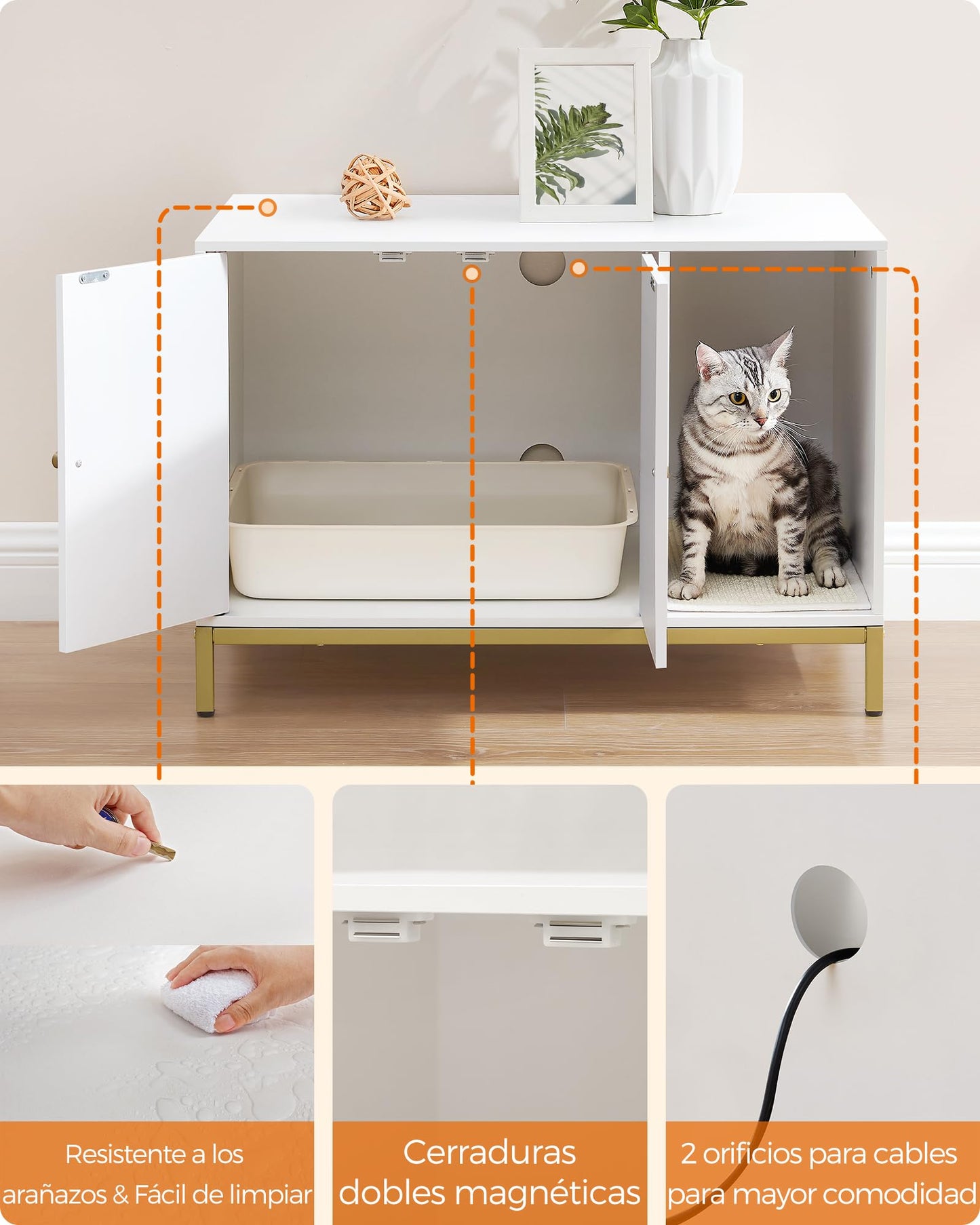Feandrea Mueble Arenero, Mueble de Caja Arenero para Gatos,con Alfombrilla Rascadora, Patas Altas, 80 x 50 x 55 cm, Blanco y Dorado MPCL007W01