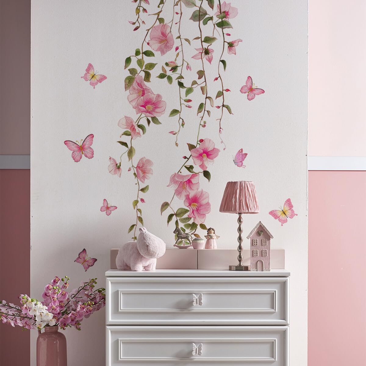 Calcomanías de pared de flores rosas de primavera, para colgar y pegar con flores de vid decorativas, para decoración de pared extraíbles para niñas, recámara, sala de estar, guardería, papel pintado