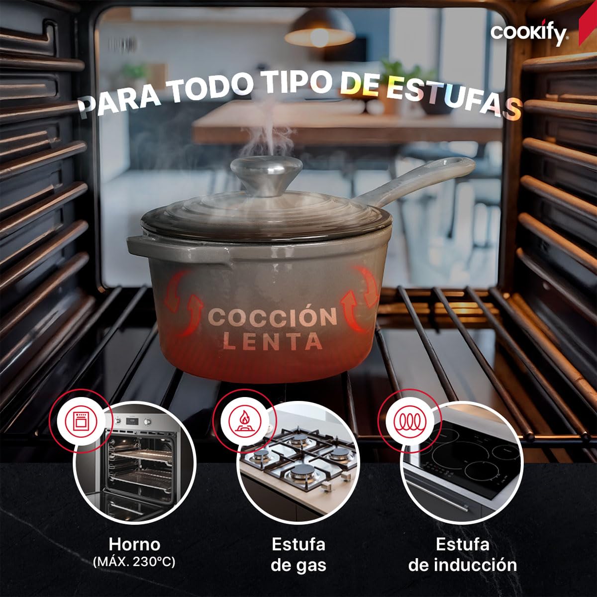 Cookify Olla de Hierro Fundido Esmaltado para Horno y Estufa, Capacidad 1.5 Litros (Gris, 17 cm)