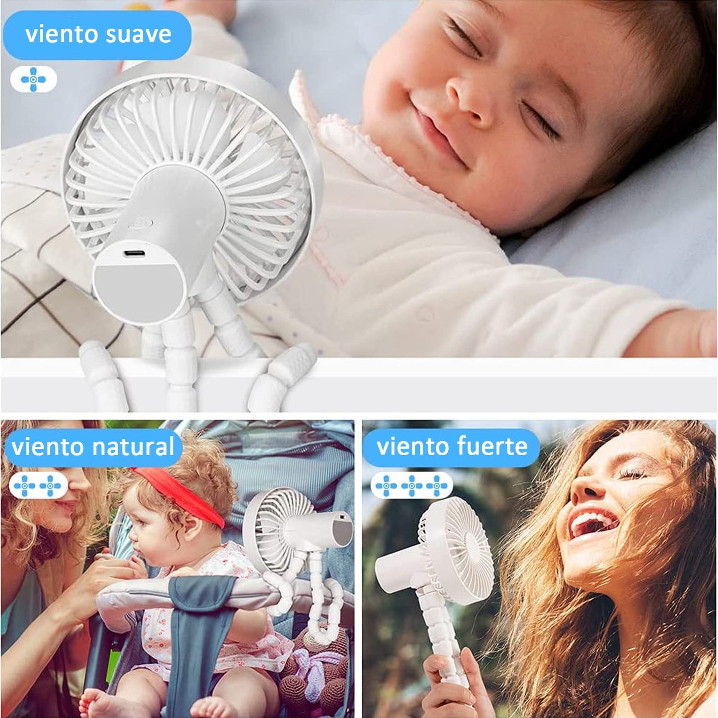 CALDERON - Ventilador Portátil,3 Velocidades,Ventilador de Cochecito Portátil,Ventilador de Escritorio Personal,Ventilador de Mano con Carga USB para Exteriores,Oficina,Viajes (Rosa)