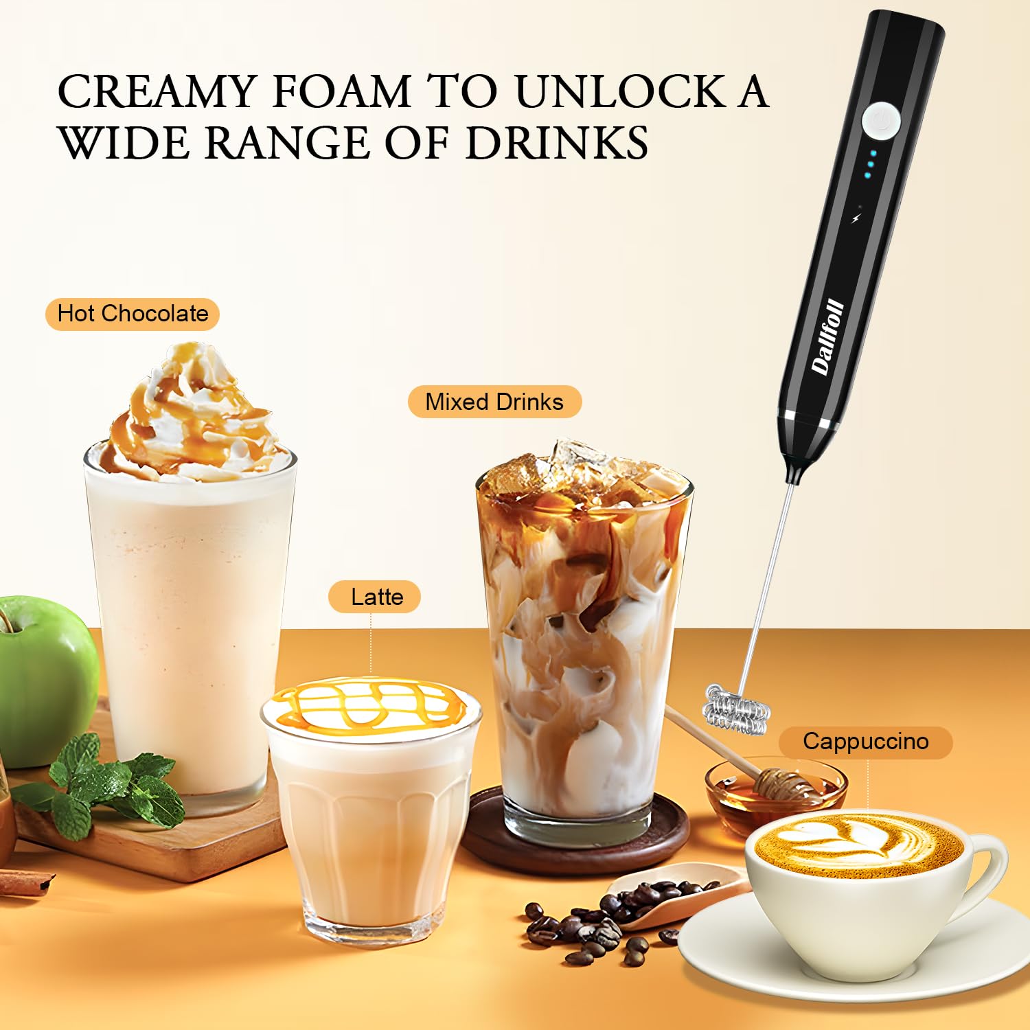 Dallfoll - Espumador de Leche de Mano,Recargable por USB, Máquina de Espuma Eléctrica para Café,3 Velocidades,2 Batidores,Mini Espumadora Mezcladora,Frappe Latte Cappuccino Chocolate Caliente,Negro