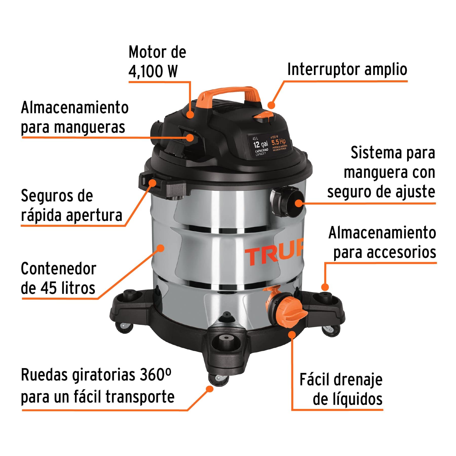 Aspiradora Truper Acero Inox Sólidos y Líquidos 12 GAL