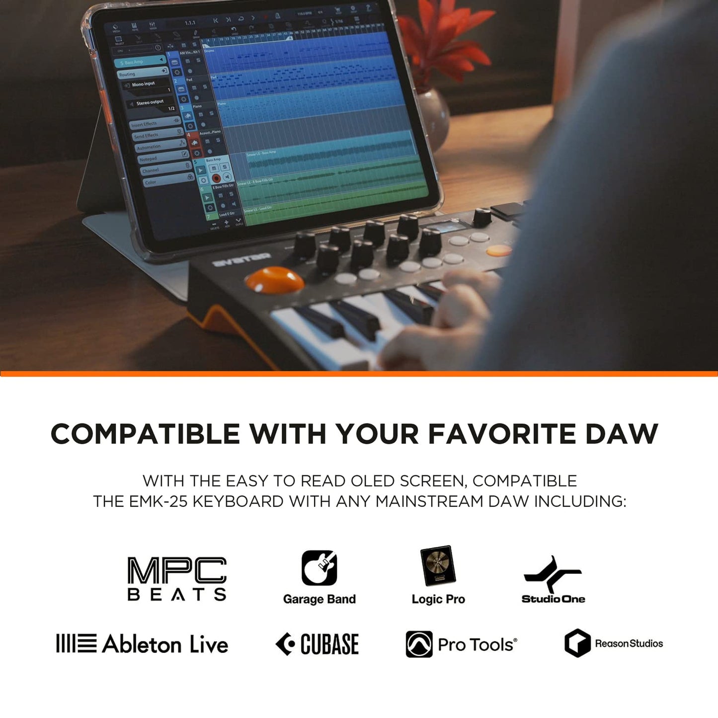HXW - driver de teclado portátil Bluetooth MIDI, con 25 teclas, 9 almohadillas para orejas retroiluminadas, visualización OLED, 8 perillas, software incluido, alimentación por USB/operación de batería