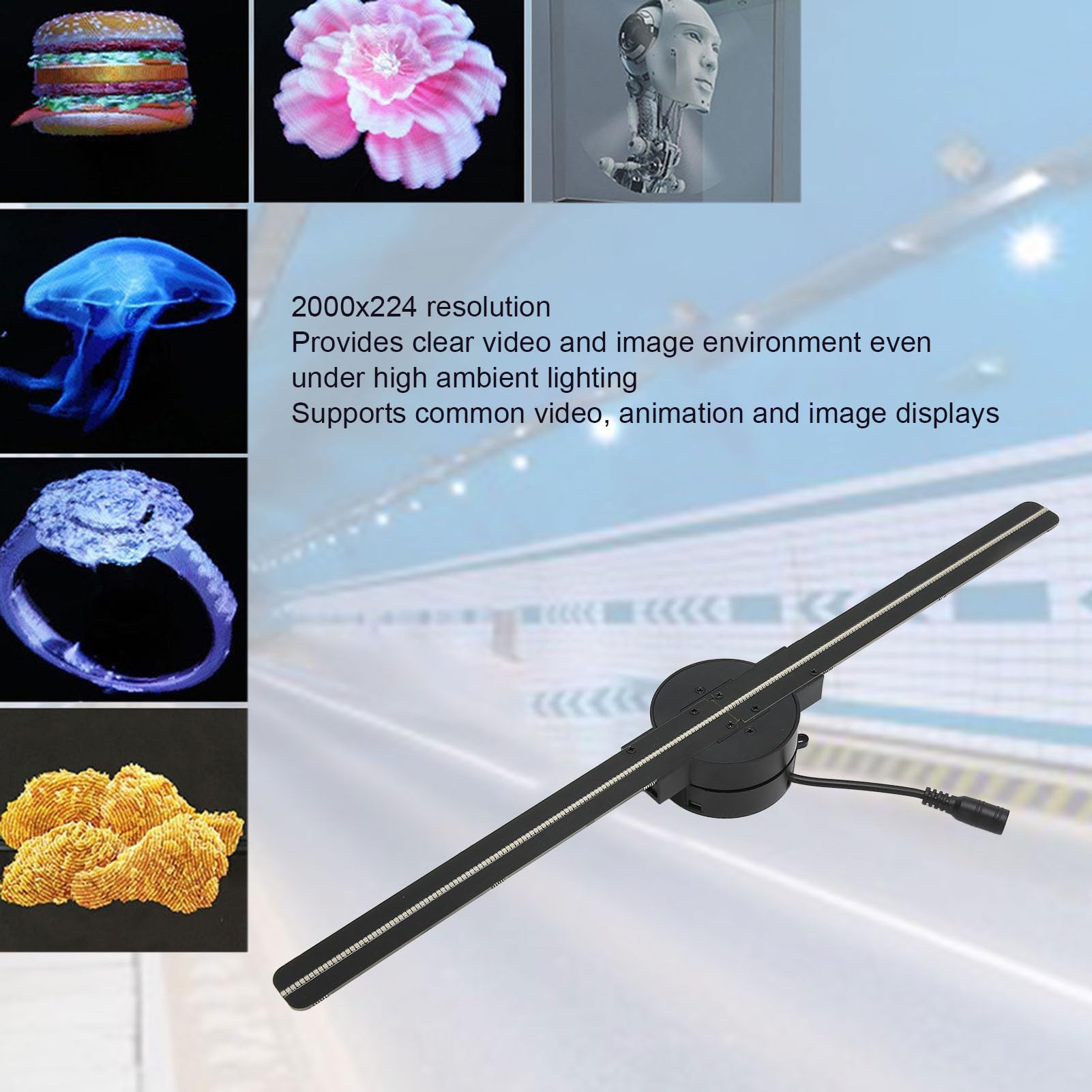 GOWENIC Ventilador de Holograma 3D, Pantalla de Publicidad de Proyector de Holograma WiFi 3D de 16,5 Pulgadas con Resolución de 2000x224 224 LED,para Tienda, Bar, Casino, Fiesta, Halloween