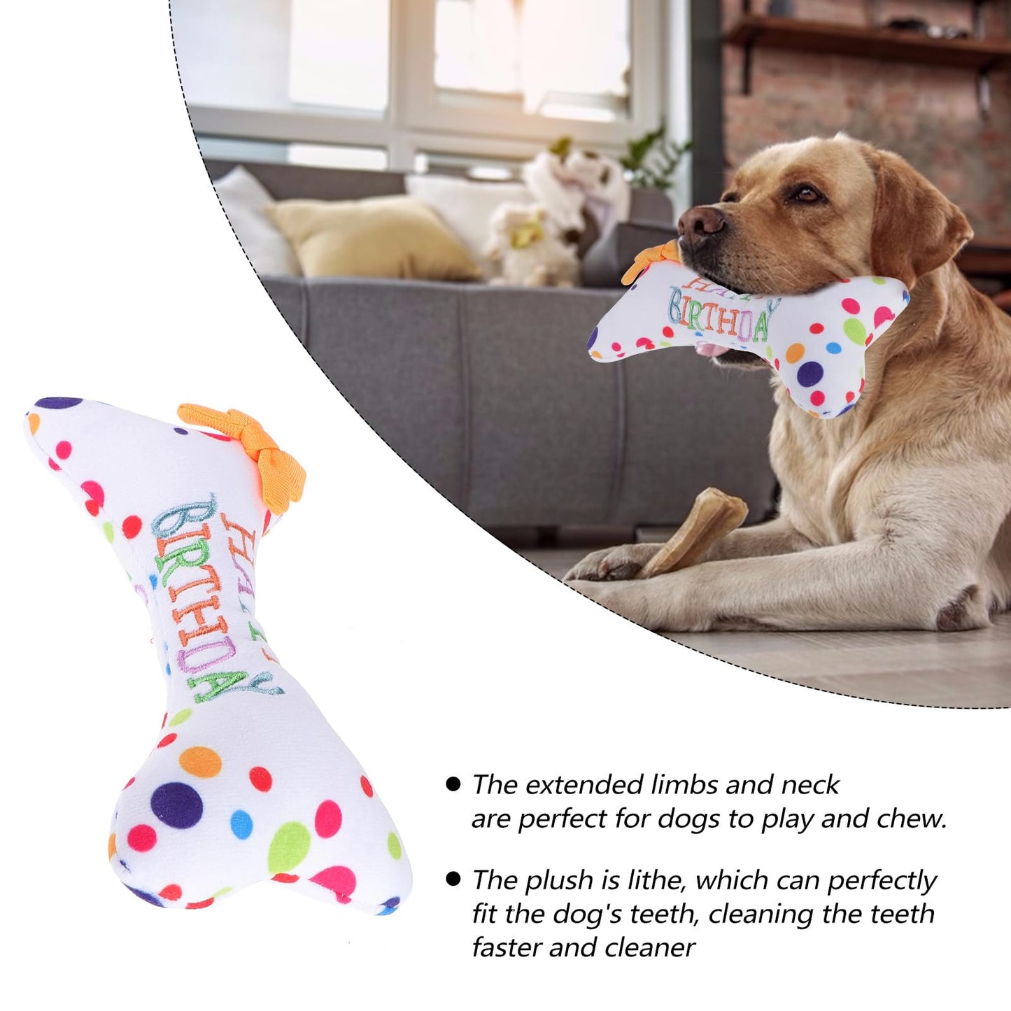Housoutil - Juguetes de peluche para perros grandes, juguete de peluche con hueso de perro, juguete de feliz cumpleaños, juguete de perro con diseño de hueso masticable, juguetes de perro con temática
