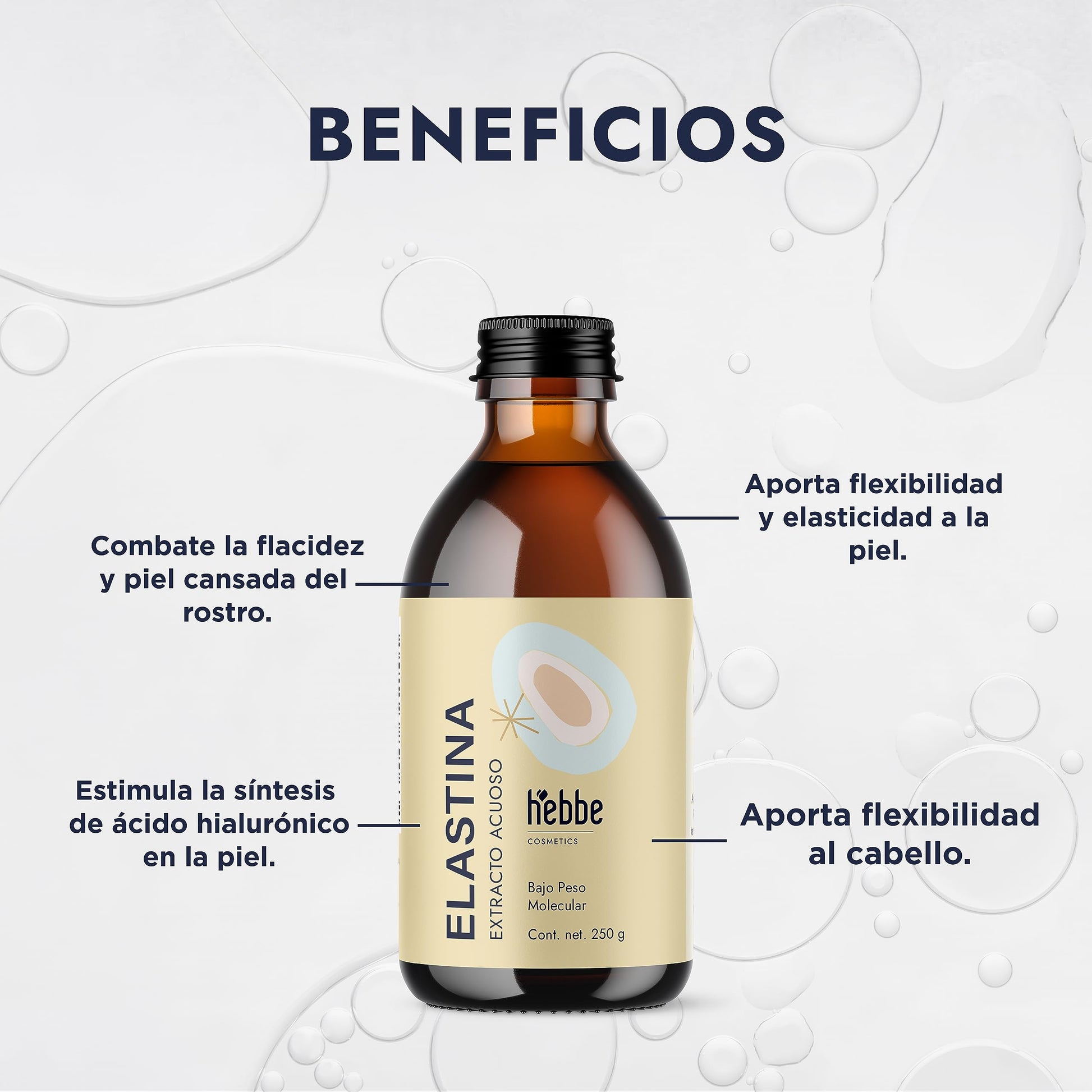 HEBBE - Elastina Acuosa 250 g | Anti-Flacidez y Rejuvenecedor Facial | Aumenta Flexibilidad y Elasticidad de Piel | Estimula Síntesis de Ácido Hialurónico | Flexibilizador Capilar | Contenido de 250 g