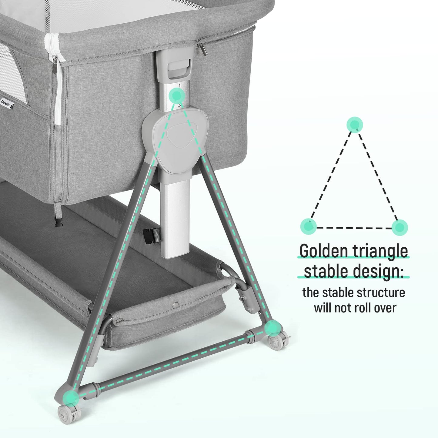 Cowiewie - Moisés para cama de noche, con 7 altura ajustable, moisés de noche para bebé con almacenamiento, malla transpirable y colchón, moisés portátil fácil de plegar (pirámide gris claro)