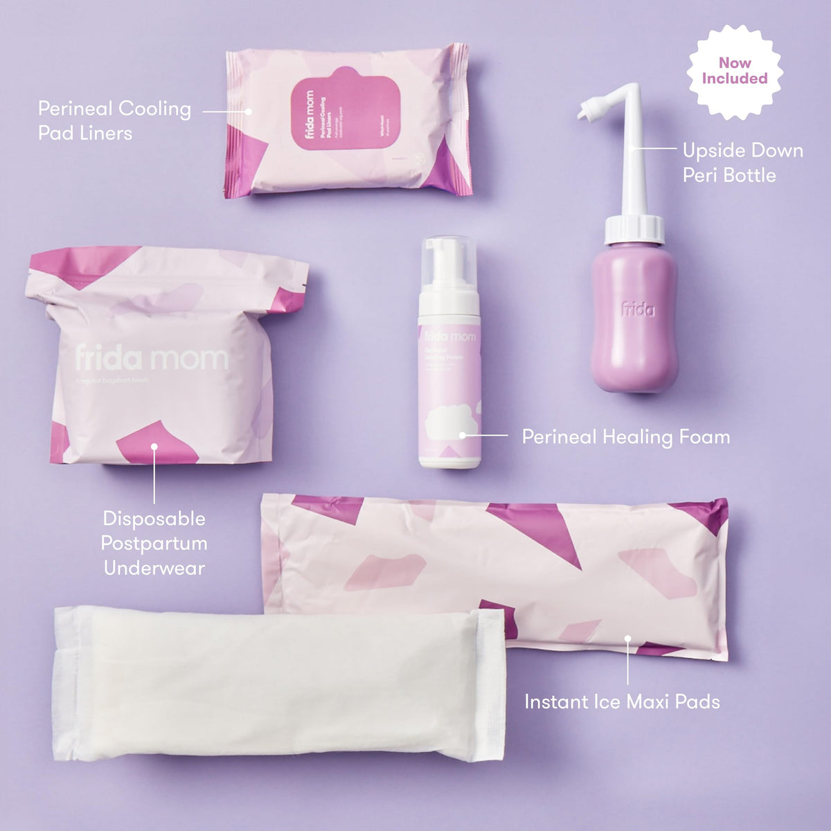 Frida Mom Kit de Esenciales Posparto, Incluye Botella Invertida, 4 Calzones Desechables, 4 Toallas Femeninas Frías, 24 Recubrimientos y Espuma de Hamamelis, Gris, Talla Unica