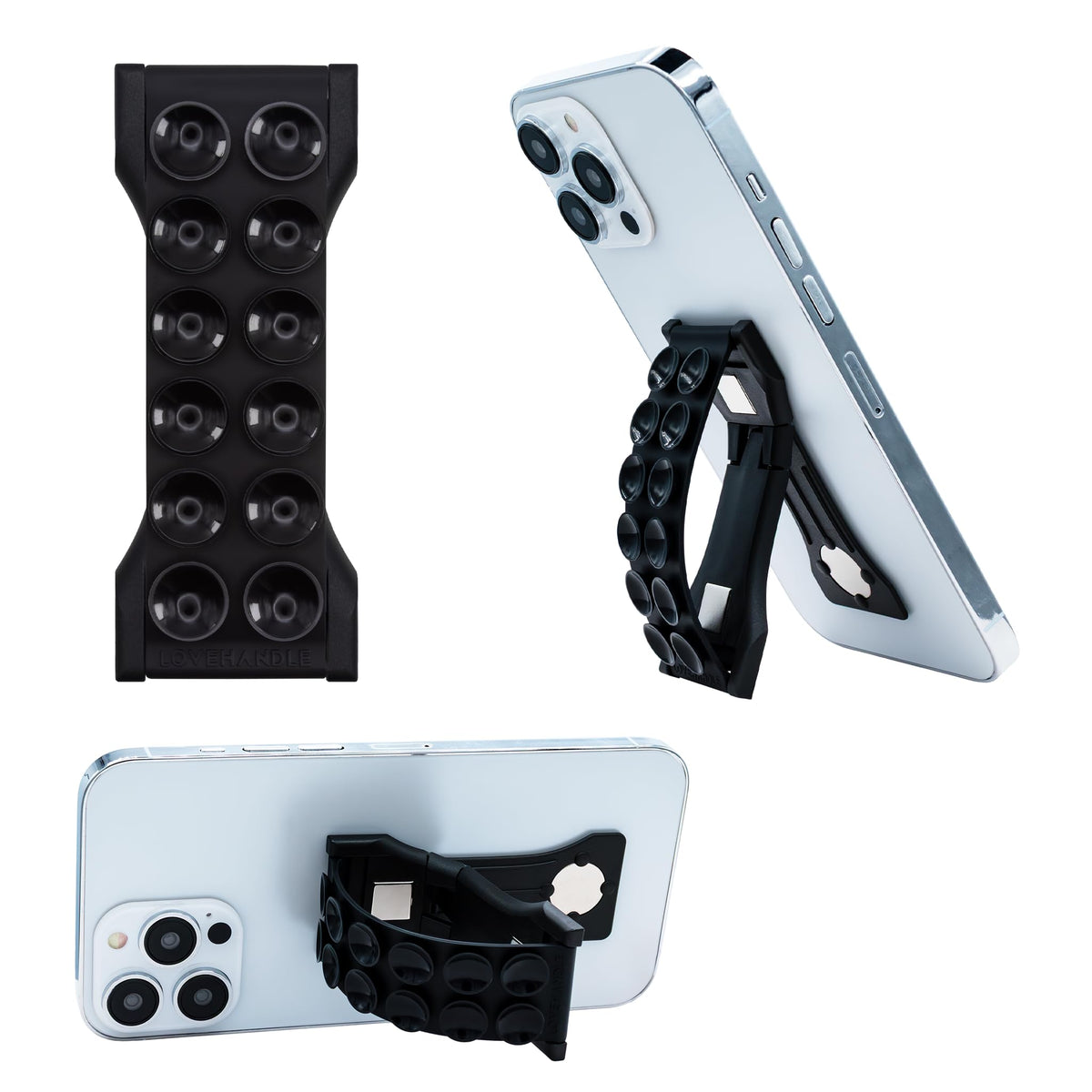 Agarre para Teléfono LOVEHANDLE PRO Negro con Correa de Ventosa Magnética y Soporte Fuerte