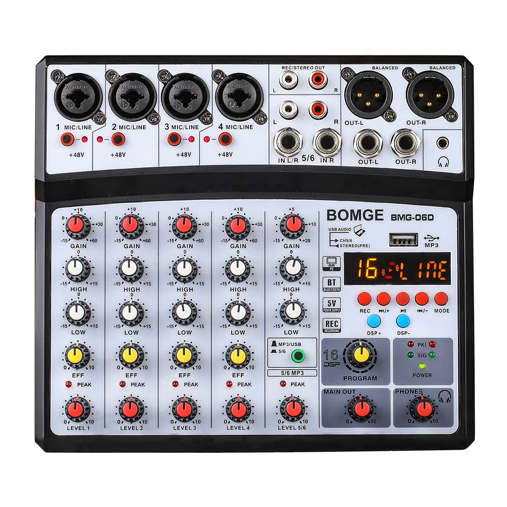 BOMGE - Mezclador de sonido de audio de 6 canales, consola de mezcla profesional para DJ digital para transmisión en vivo, karaoke y grabación estéreo, con reproducción de grabación de computadora de