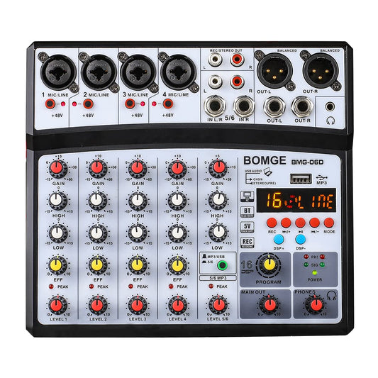 BOMGE - Mezclador de sonido de audio de 6 canales, consola de mezcla profesional para DJ digital para transmisión en vivo, karaoke y grabación estéreo, con reproducción de grabación de computadora de