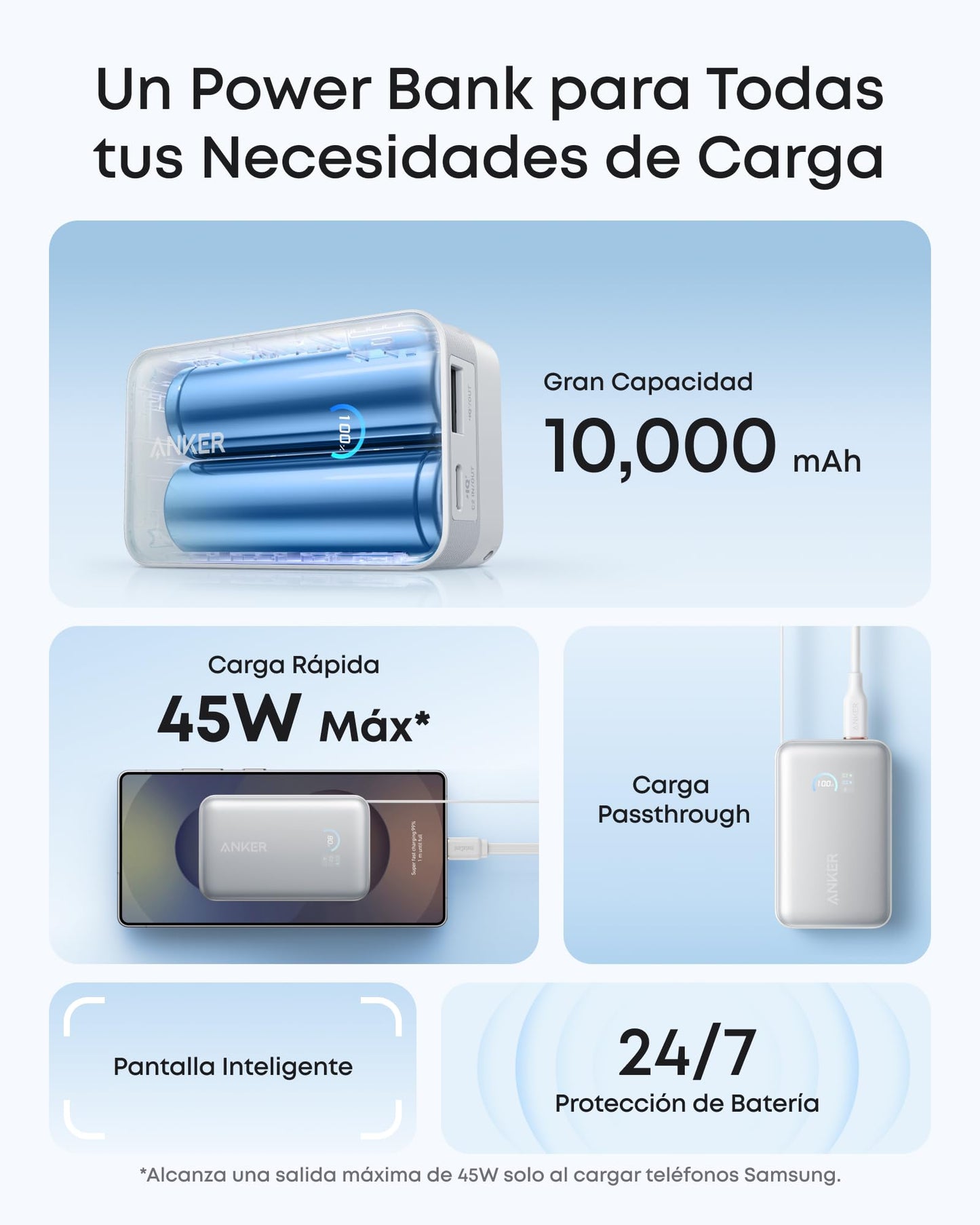 Cargador Portátil Anker Nano Negro con Cable Retráctil de 10.000mAh y Pantalla Inteligente Compatible con iPhone, iPad, Galaxy y Pixel