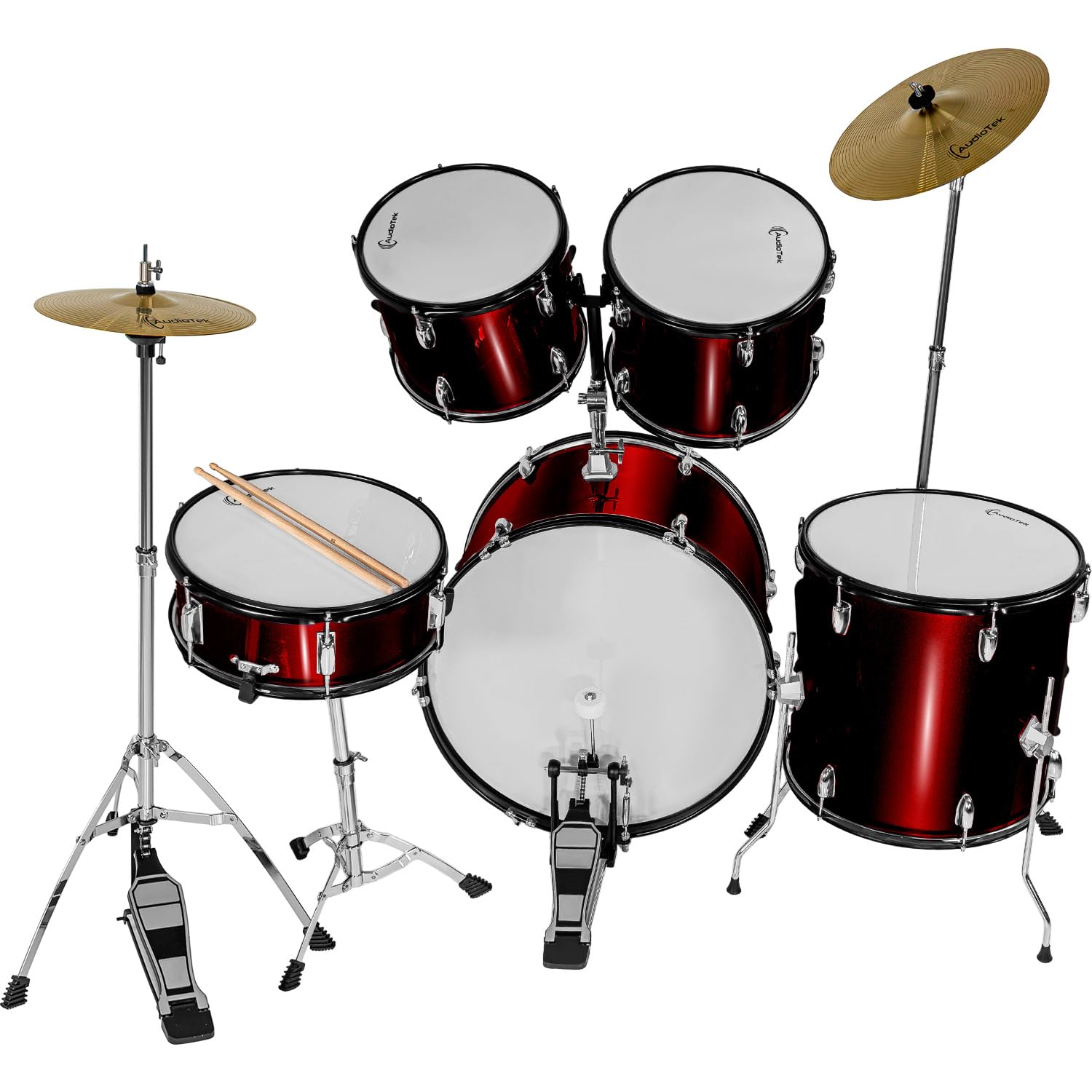 AUDIOTEK Bateria Acustica 5 Piezas Completo Platillos Atriles Bombo 23 Pulgadas Toms Redoblante Tambor de Piso Baquetas Incluidas Kit Musical Semi Profesional para Principiantes y Adultos (Rojo)