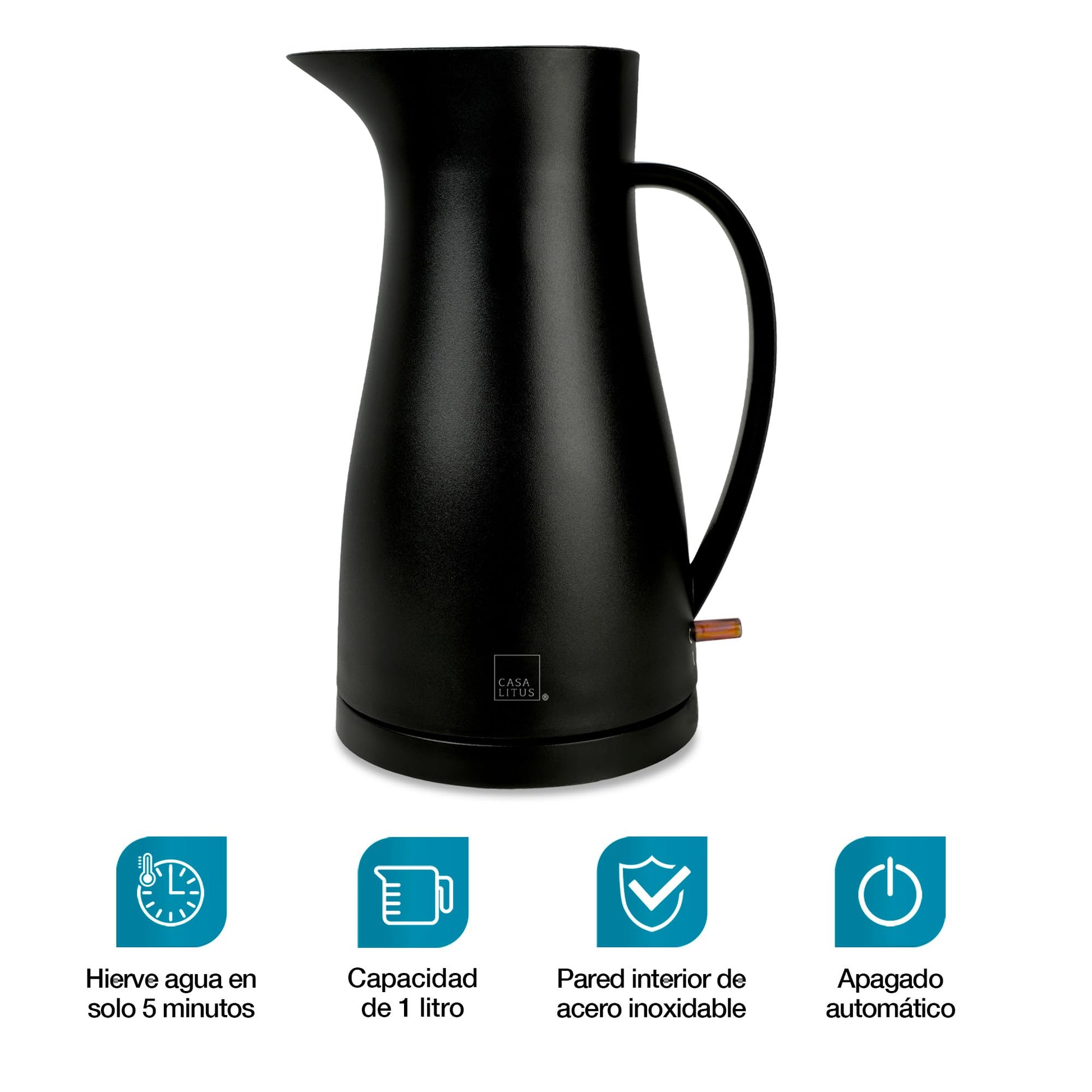 CASA LITUS Tetera Eléctrica Interior de Acero Inoxidable (1 L.), Jarra para Hervir Agua de Diseño Innovador, Hierve Agua en Menos de 5 Minutos, Sistema de Apagado Automático y Luz LED, para Café o Té