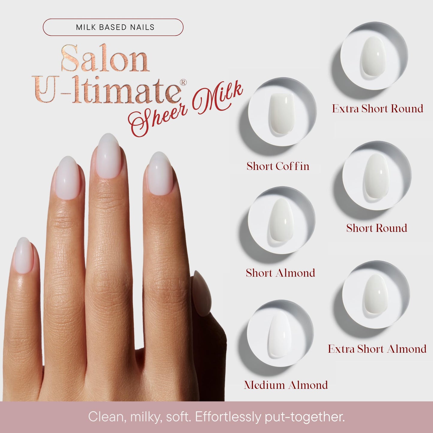 Celebritips Uñas Postizas - Salon U-Ltimate | Sheer Milk, Uñas Almendradas Extra Cortas, Reutilizables | 16 Tamaños - Kit de 32 Uñas con Pegamento Y Pestañas Adhesivas