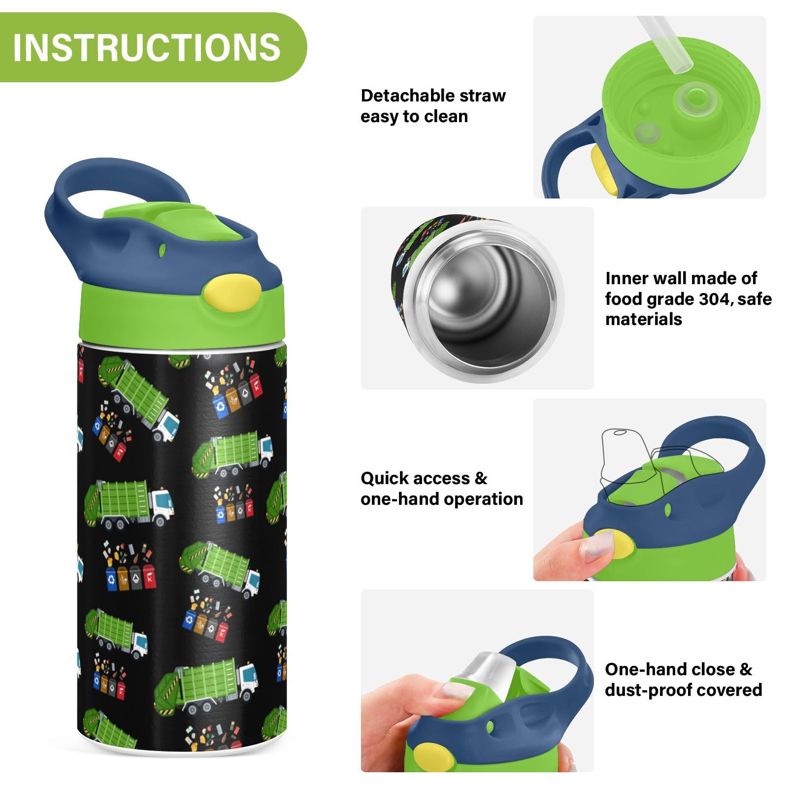Botella de agua de acero inoxidable para niños, botella de agua aislada al aspiradora de acero inoxidable de 12 onzas para niños y niños, botellas aisladas al aspiradora de doble pared (reciclaje de