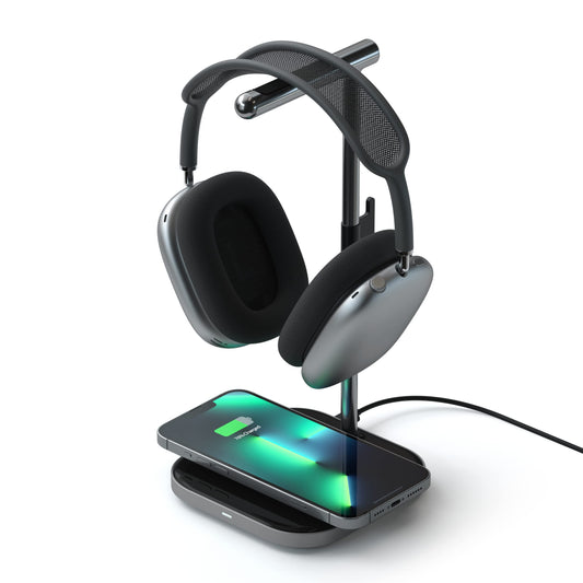 Soporte para Auriculares SATECHI Gris con Carga Inalámbrica y USB Tipo-C Compatible con iPhone y Dispositivos Qi