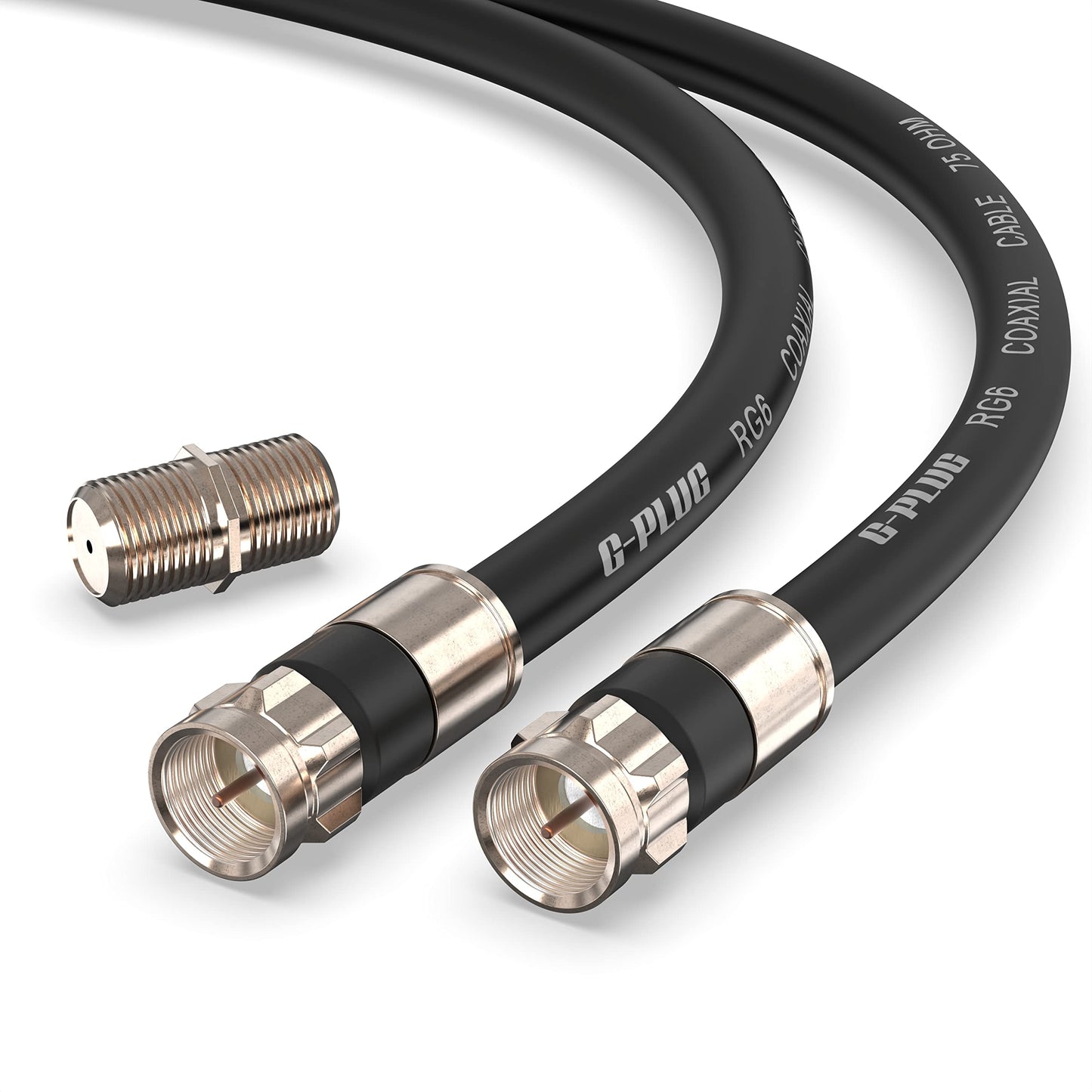 G-PLUG Cable Coaxial RG6 75 Ohm, Triple Blindaje, Conectores F Tipo Macho a Macho, Cable Antena TV, Satelital e Internet Banda Ancha, Incluye Acoplador F81, Negro