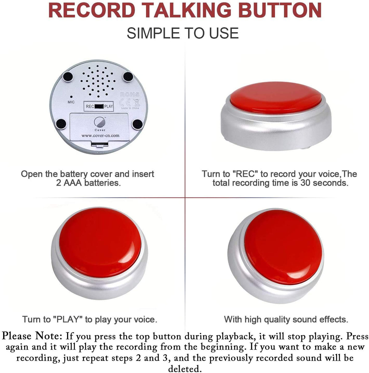Grabadora de Voz Botones Sound Buttons Rojo Plata Personalizable Mensaje 30 Segundos Batería Incluida