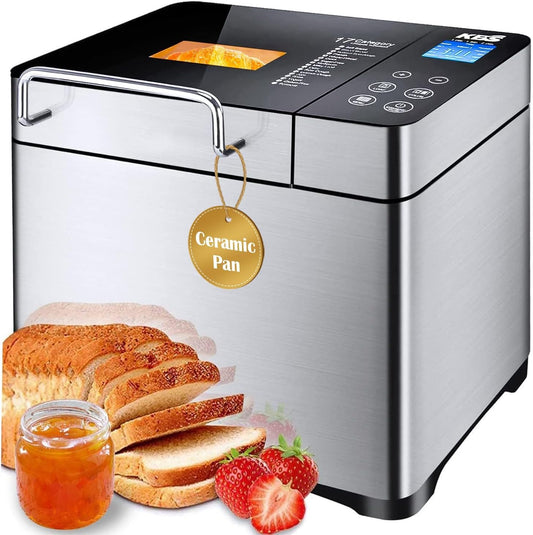 KBS Máquina de pan grande 17 en 1, máquina de pan de acero inoxidable de 2 libras con dispensador automático de frutos secos, sartén de cerámica antiadherente, panel táctil completo de vidrio templado, reserva y mantiene caliente, guante de horno y receta