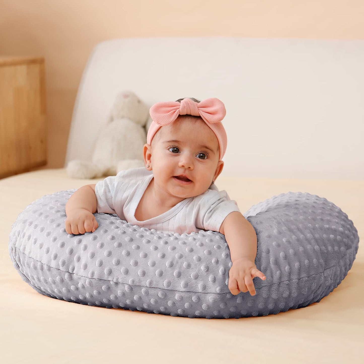QUENESS Almohada y posicionador para lactancia, para alimentación con pecho y biberón, soporte para sentarse del bebé con cubierta ultra suave removible, soporte para tiempo boca abajo para bebés