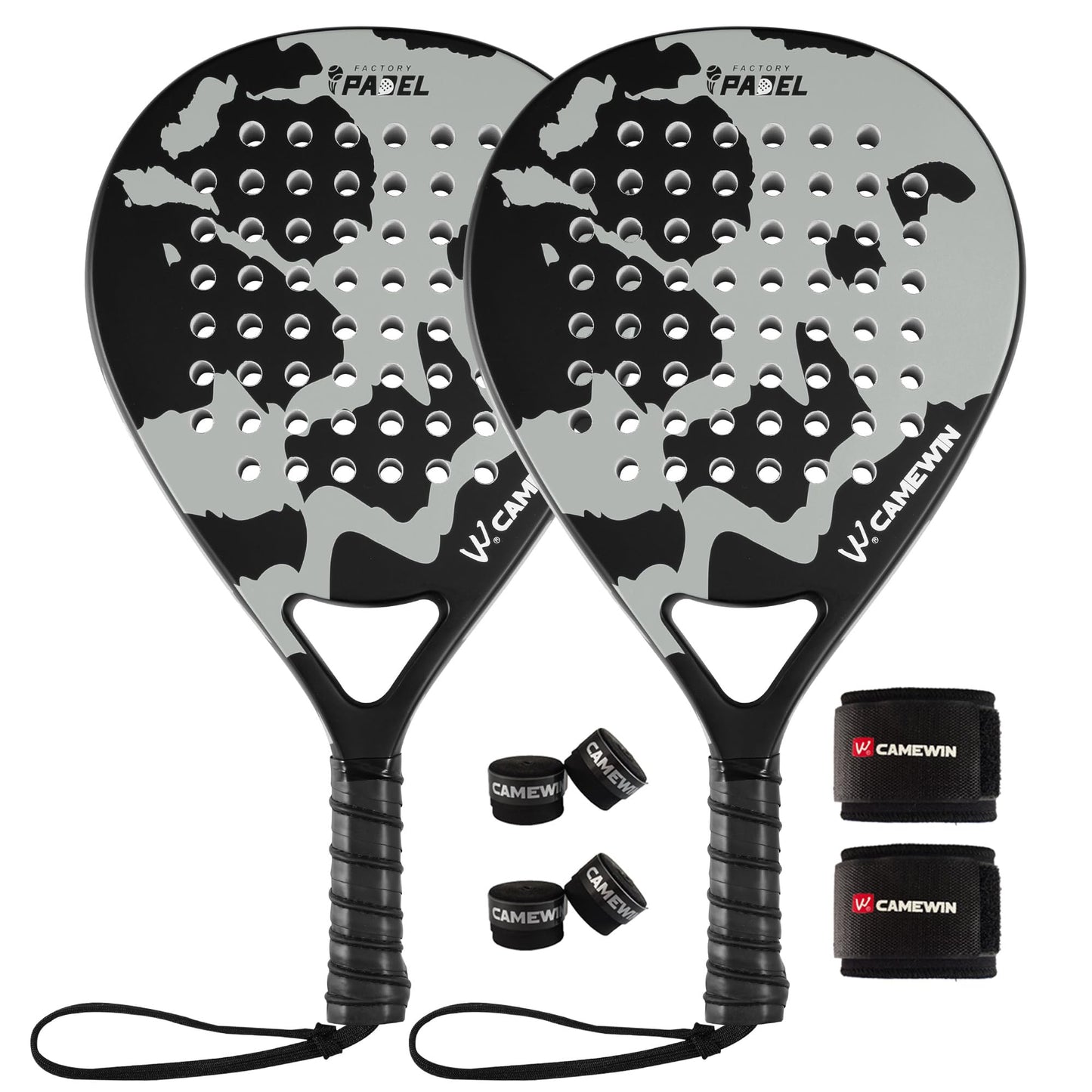 Camewin Raquetas de Pádel, Set de 2 Palas de Pádel 100% Fibra de Carbono con Fundas, 4 Grips y 2 Muñequeras, para Principiantes e Intermedios, pensada en Proteger la Raqueta Padel.