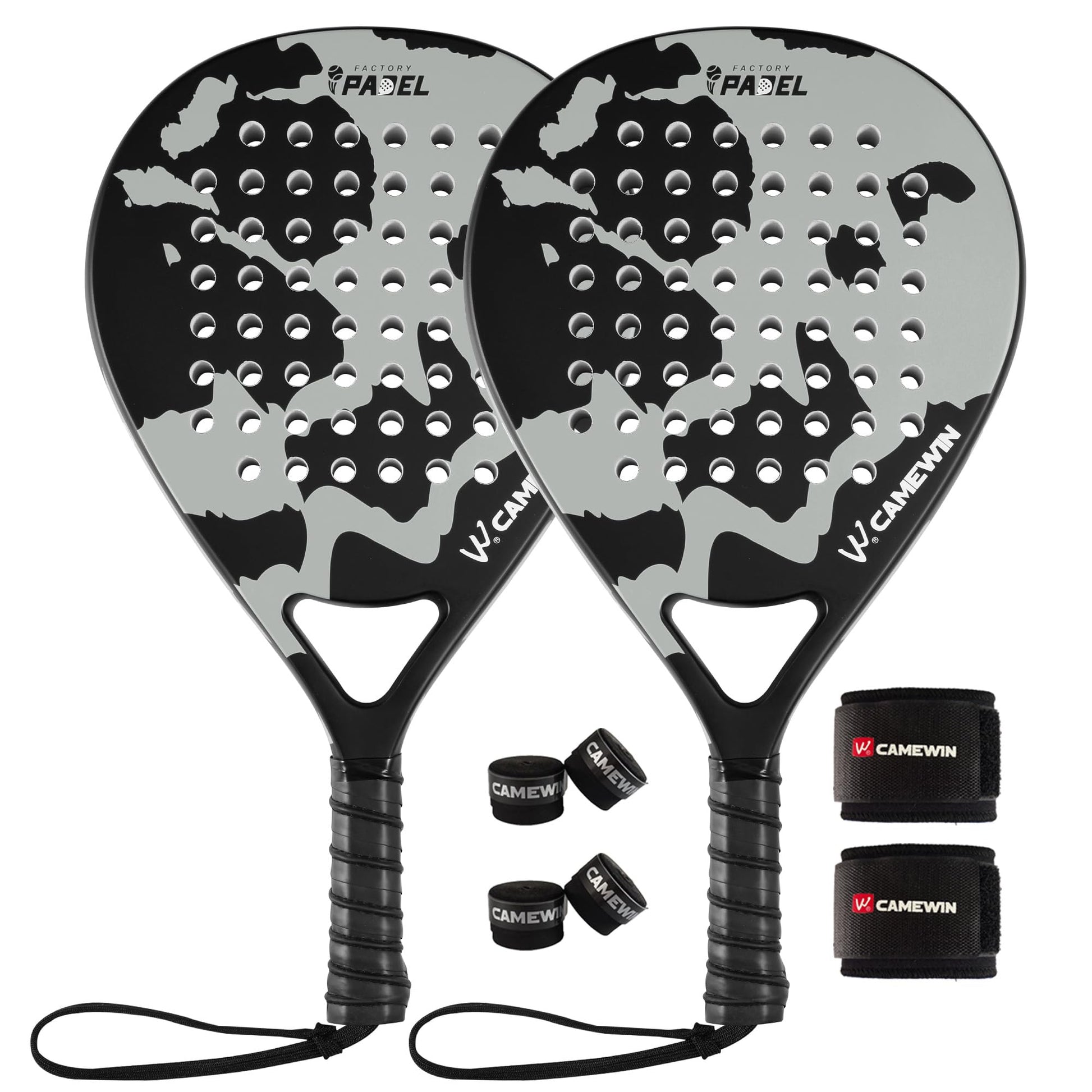 Camewin Raquetas de Pádel, Set de 2 Palas de Pádel 100% Fibra de Carbono con Fundas, 4 Grips y 2 Muñequeras, para Principiantes e Intermedios, pensada en Proteger la Raqueta Padel.
