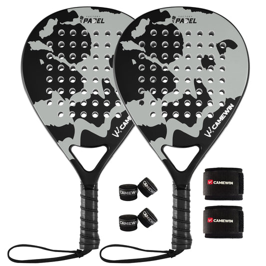 Camewin Raquetas de Pádel, Set de 2 Palas de Pádel 100% Fibra de Carbono con Fundas, 4 Grips y 2 Muñequeras, para Principiantes e Intermedios, pensada en Proteger la Raqueta Padel.
