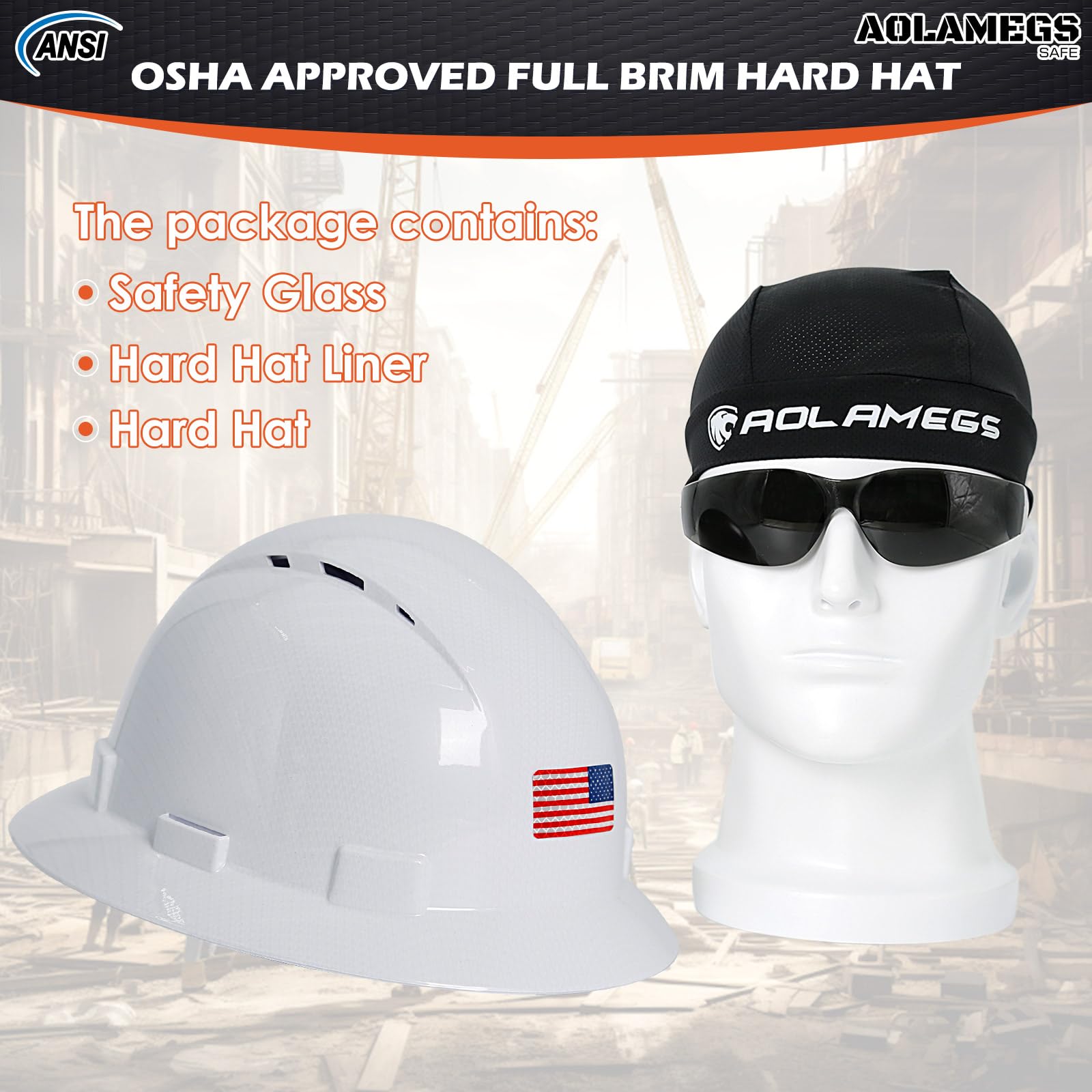 Casco de ala completa de fibra de carbono blanco brillante con gafas de seguridad y forro para hombres y mujeres, OSHA construcción, casco de seguridad con correa de barbilla y visera solar