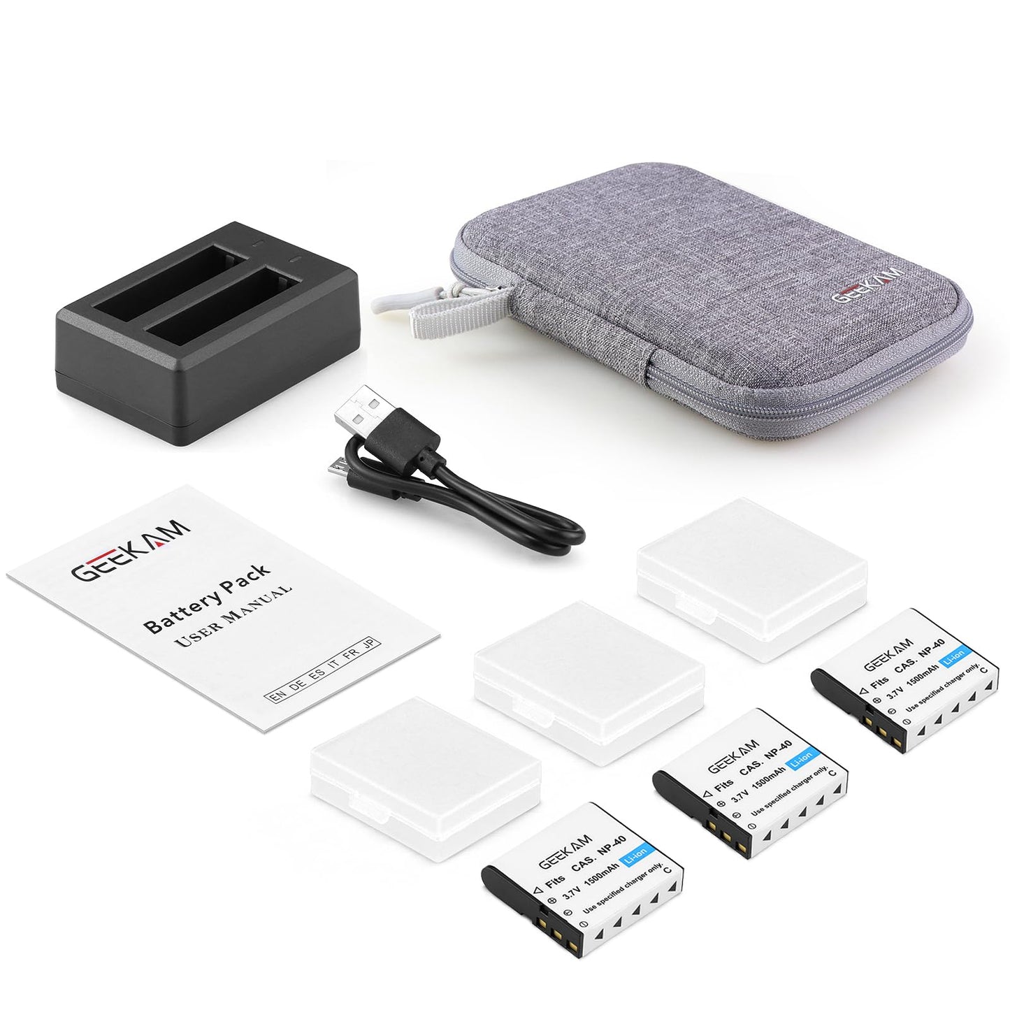 GeeKam NP-40 - Batería recargable de 1500 mAh (paquete de 3) con cargador dual USB para videocámaras, compatible con Casio NP-40