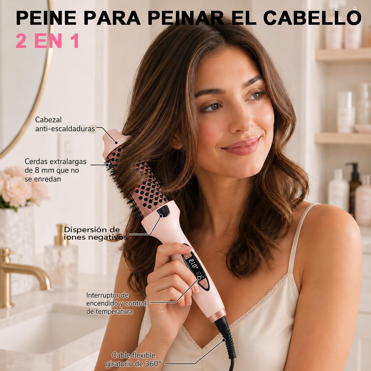 Cepillo Térmico Alisador y Rizador Cerámica Anti Frizz con Pantalla LED y Generador de Iones 2 en 1