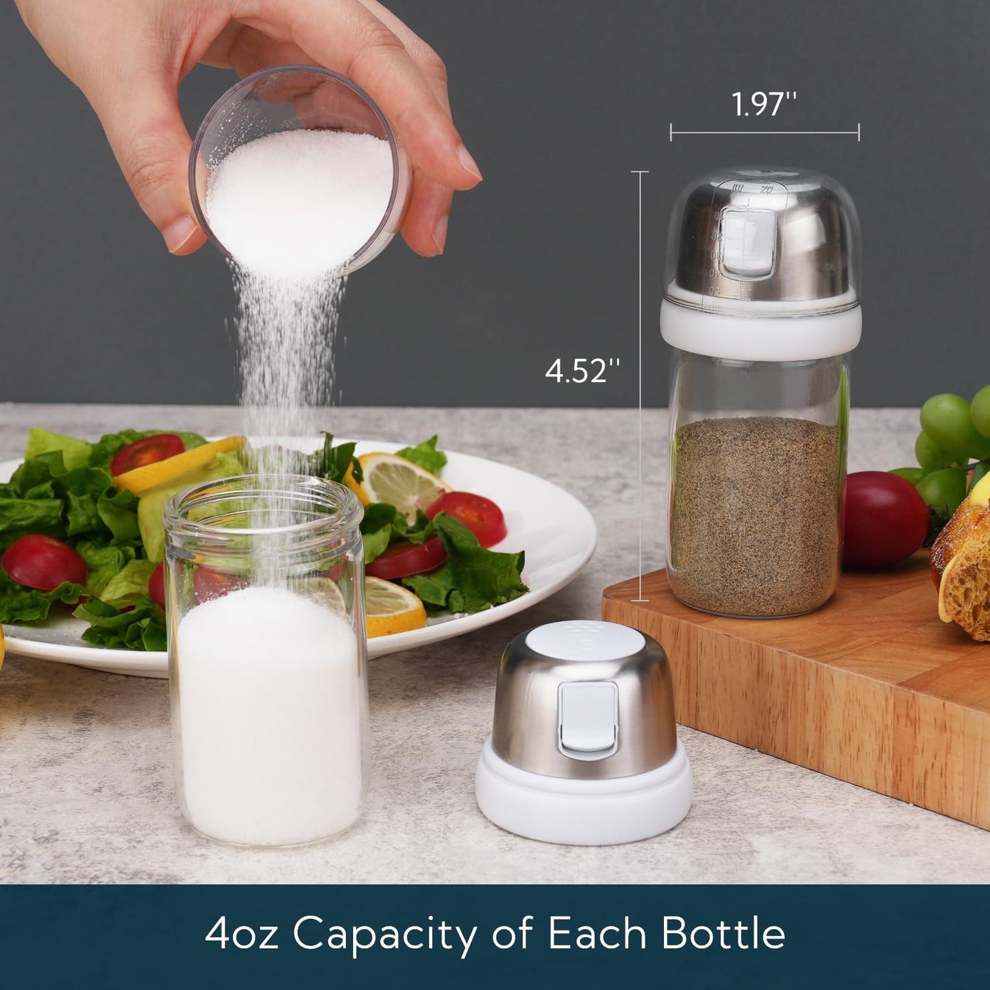 KTCHENDAO - Salero y pimienta de cristal 2 en 1 con boquilla lateral, tapa integrada para ralentizar la humedad con marcas de medición, elegante dispensador de sal de vidrio borosilicato para cocina,