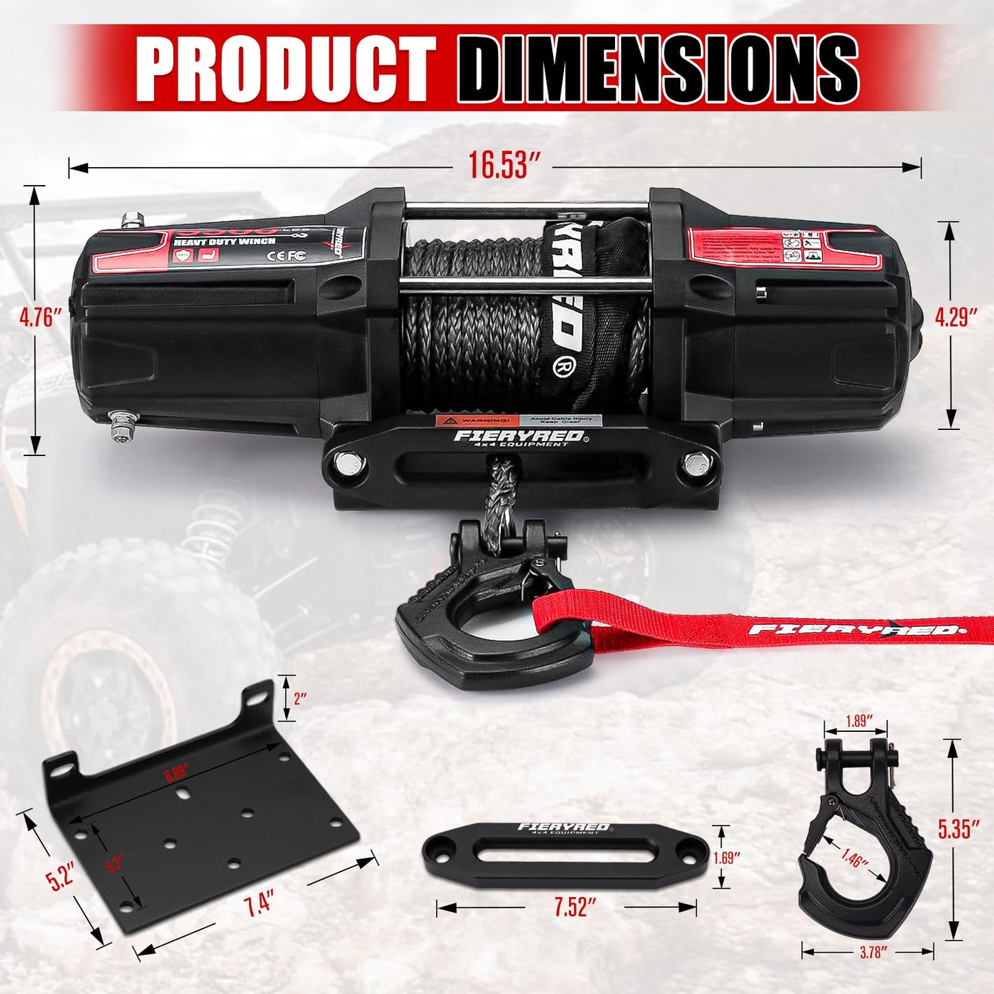 FieryRed - Cabrestante eléctrico para ATV/UTV, 12 V, 5500 libras, con cuerda sintética, con control remoto inalámbrico, Hawse de aluminio y soporte de montaje, impermeable IP67