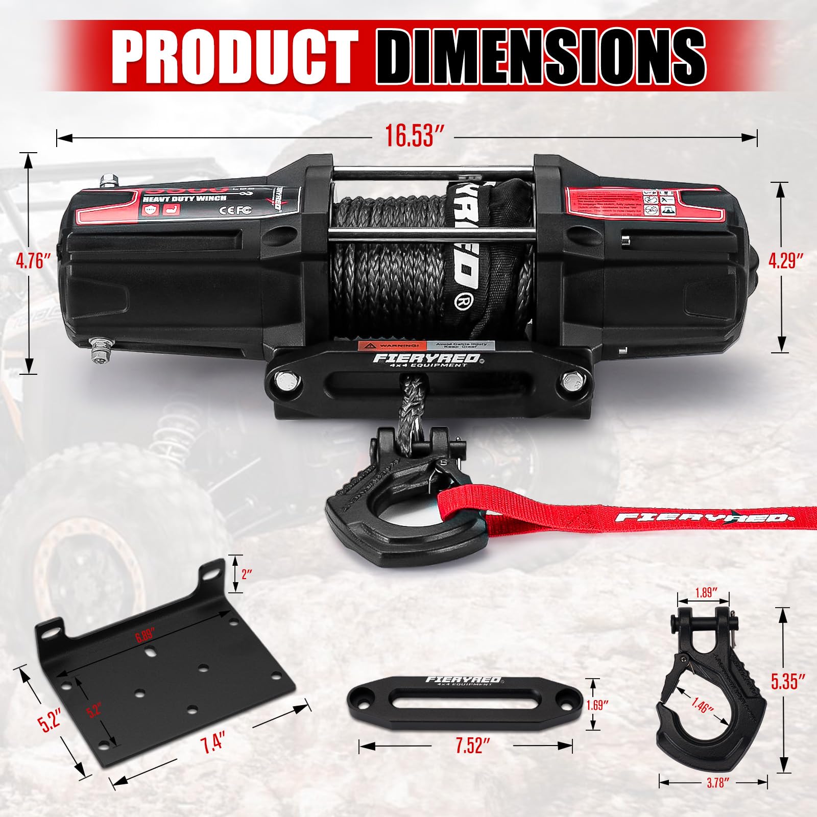 FieryRed - Cabrestante eléctrico para ATV/UTV, 12 V, 5500 libras, con cuerda sintética, con control remoto inalámbrico, Hawse de aluminio y soporte de montaje, impermeable IP67