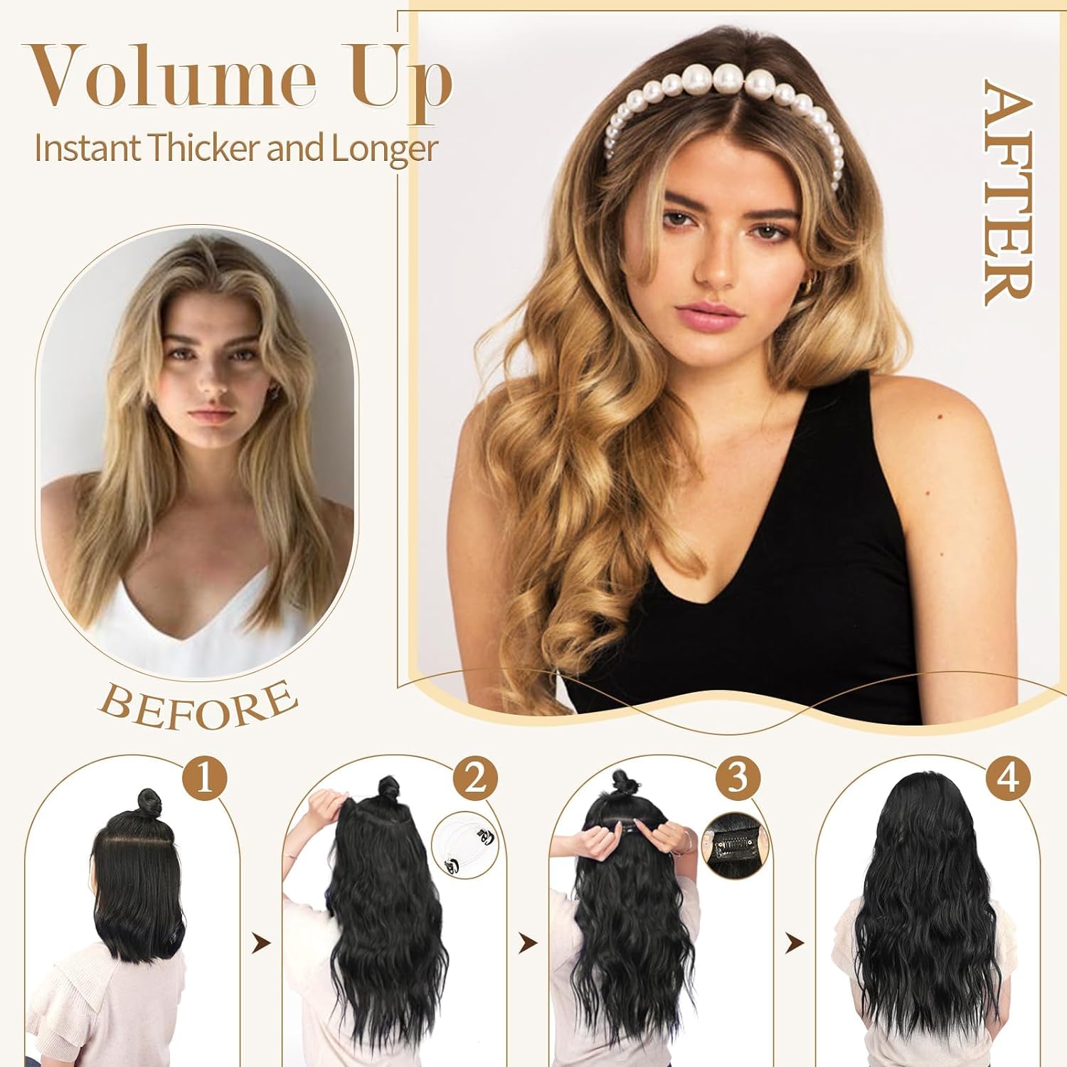 Extensiones de Cabello Natural Ondulado, Extensión de Liga, Extensiones de Cabello Ondulado, Extensiones Halo con Diadema Invisible, 3/4 Cabeza Completa Ondulada Extensiones Cabello con Clip Seguros Extraíbles, Tamaño Ajustable, Resistente al Calor Extraí